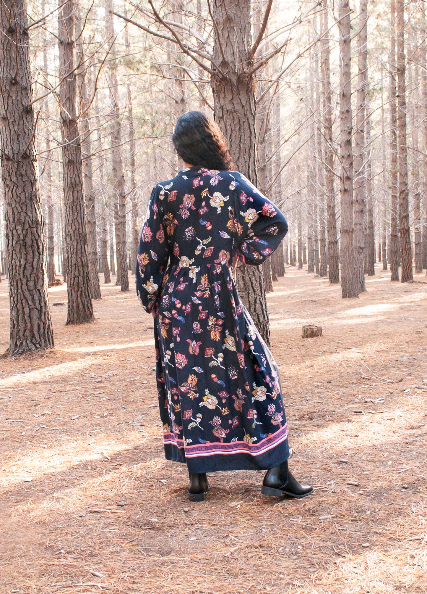 Aria kaftan dress in navy Luna Paisley print