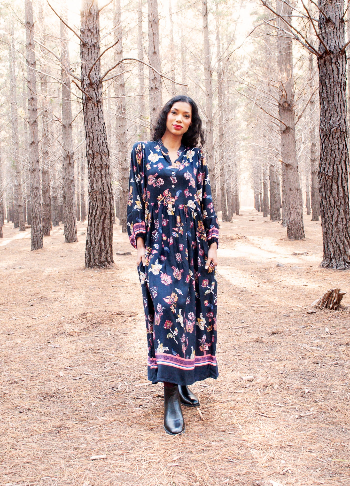 Aria kaftan dress in navy Luna Paisley print