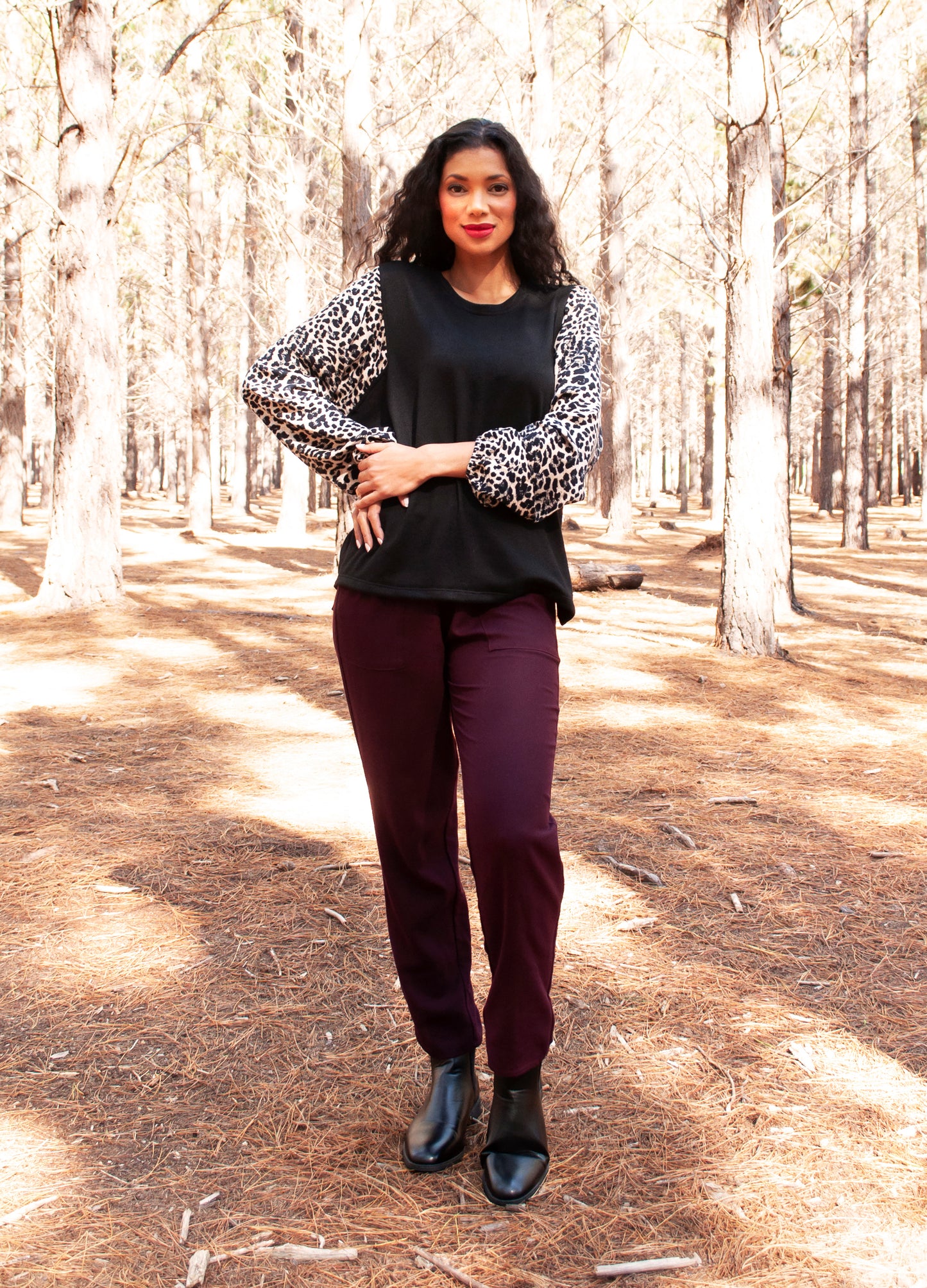 Camilla pullover in Black knit & leopard