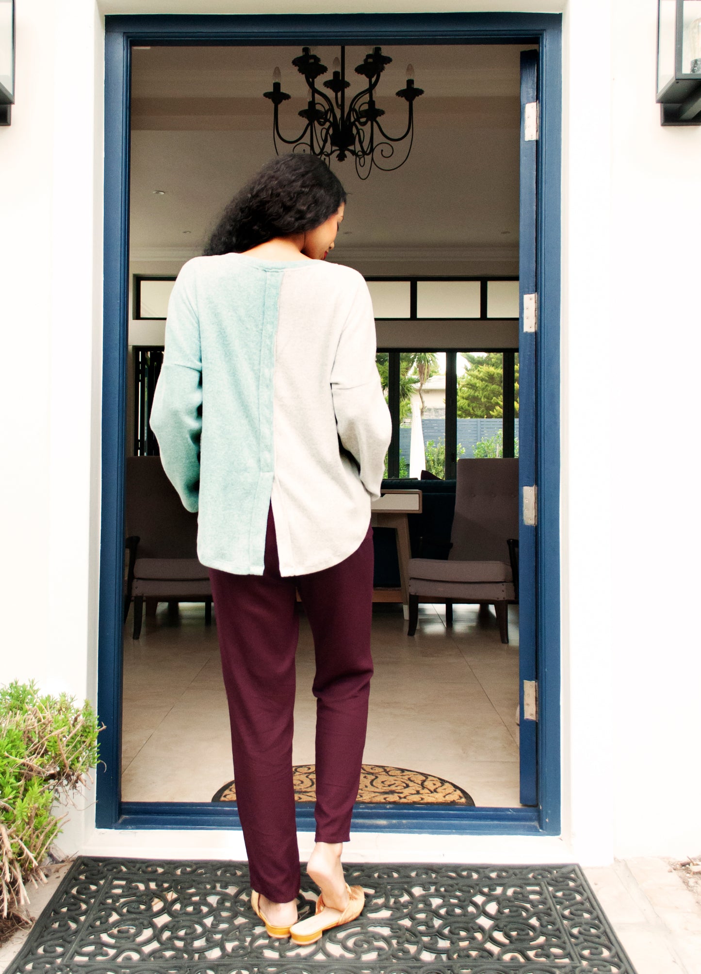 Caprice pullover in patchwork knits