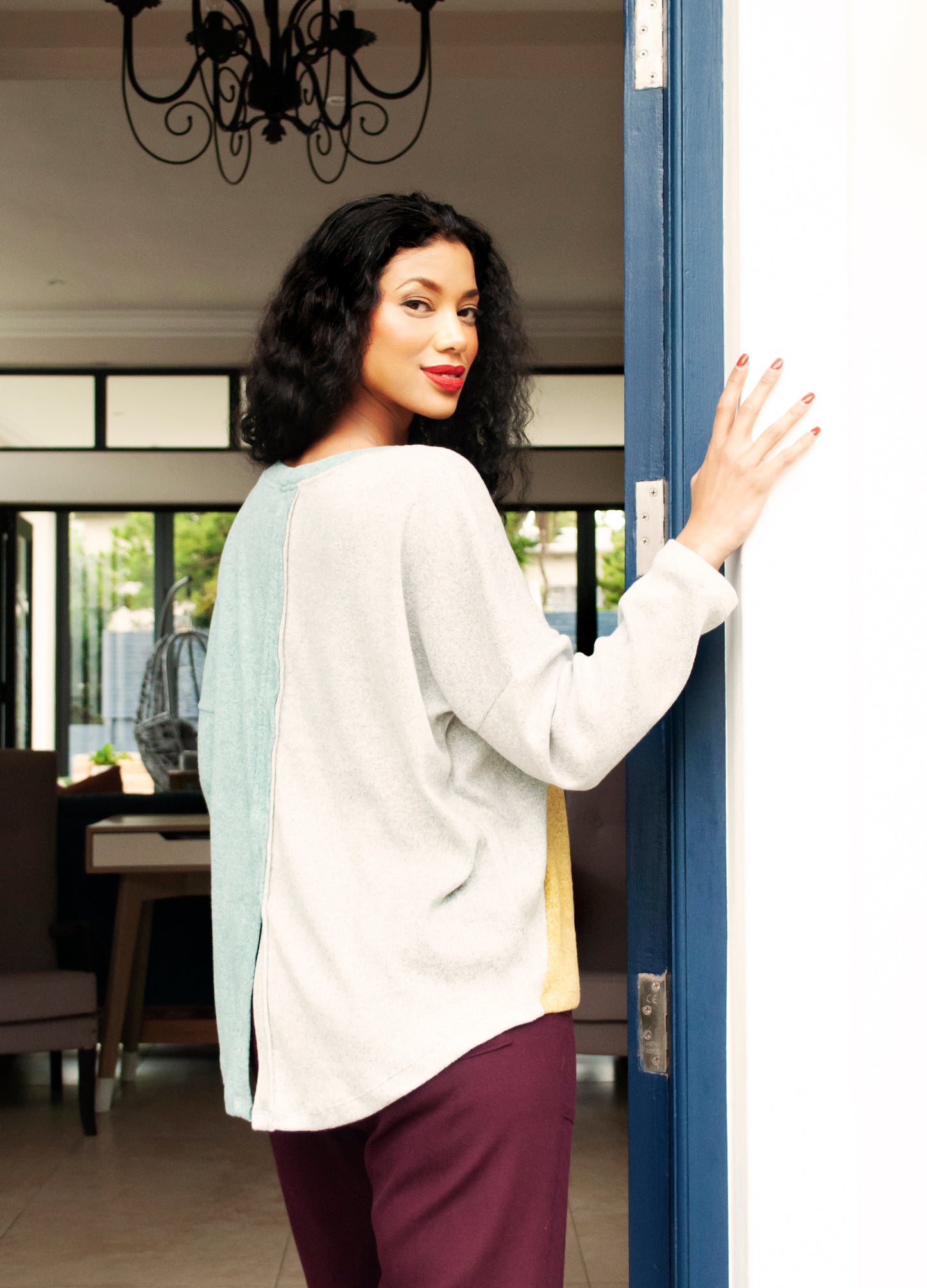 Caprice pullover in patchwork knits