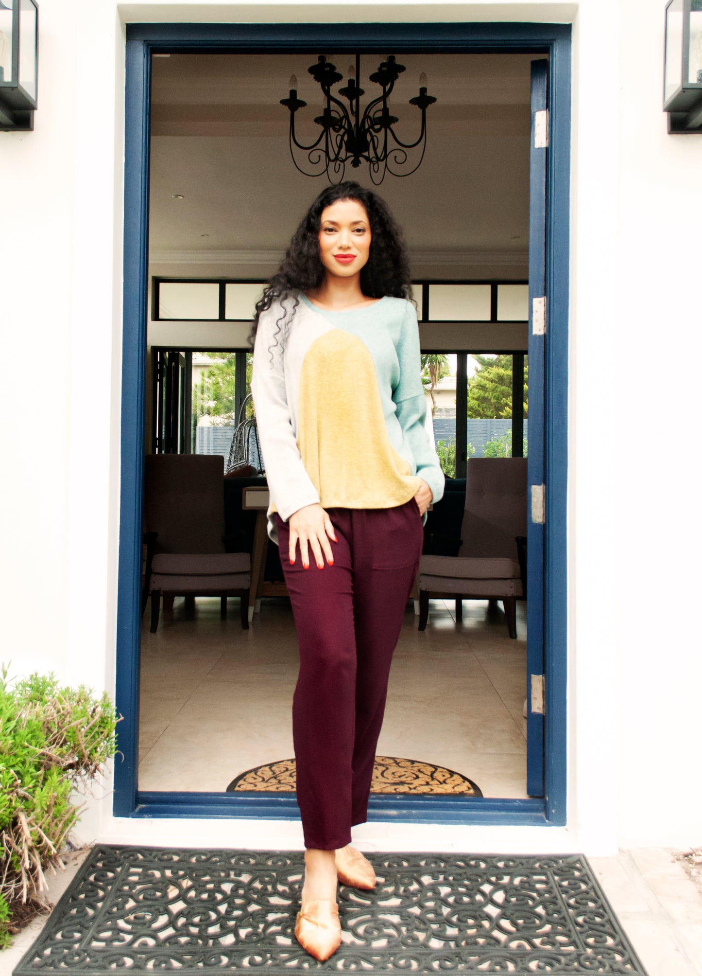 Caprice pullover in patchwork knits