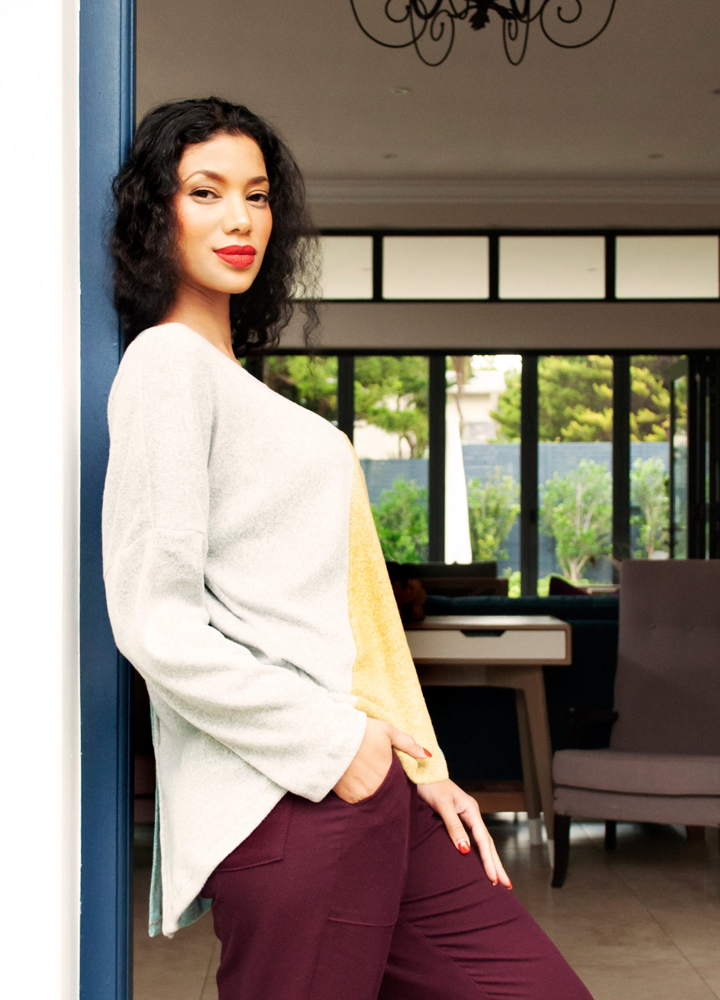 Caprice pullover in patchwork knits