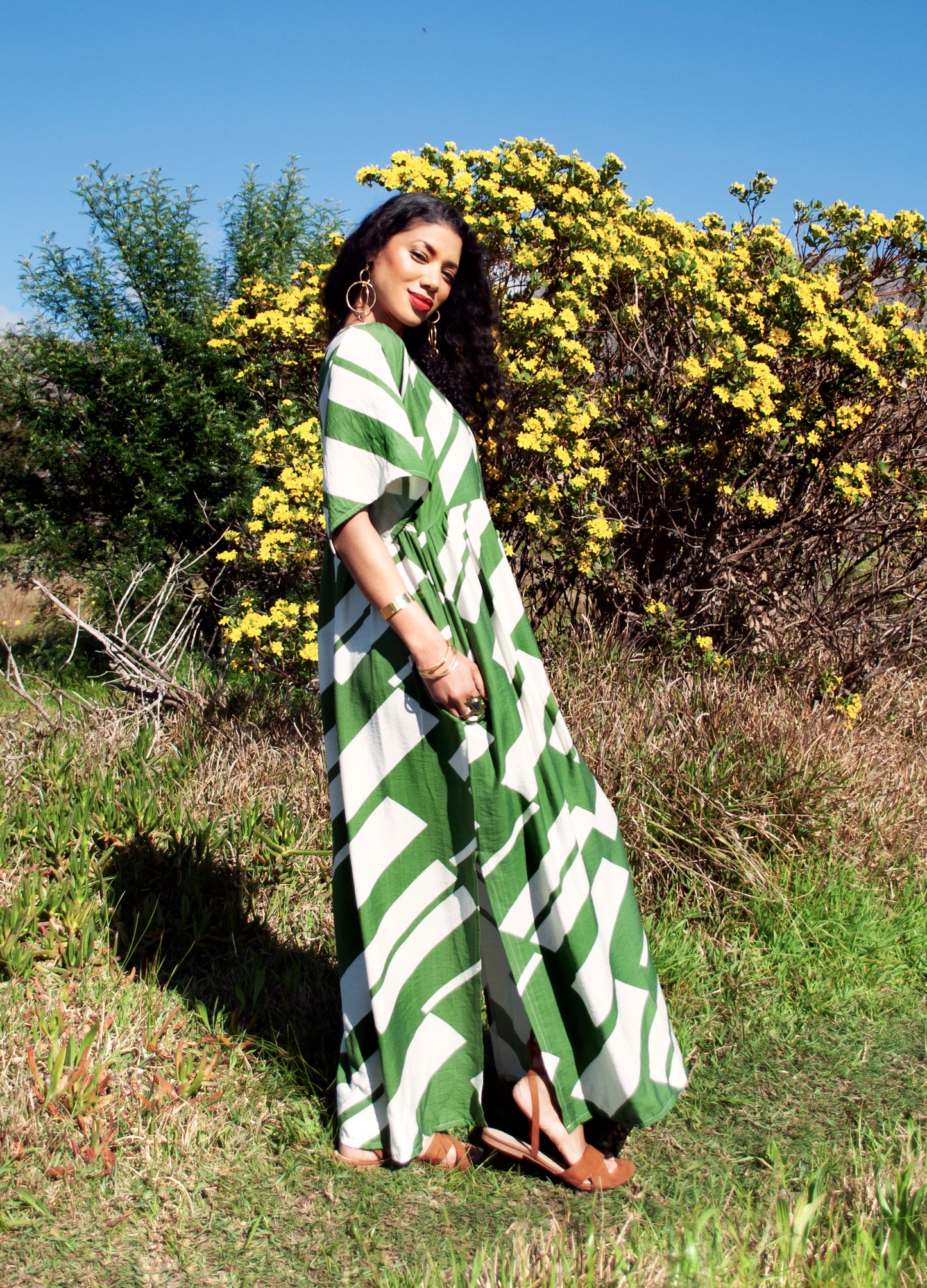 Clara kaftan dress in moss green Jenga print