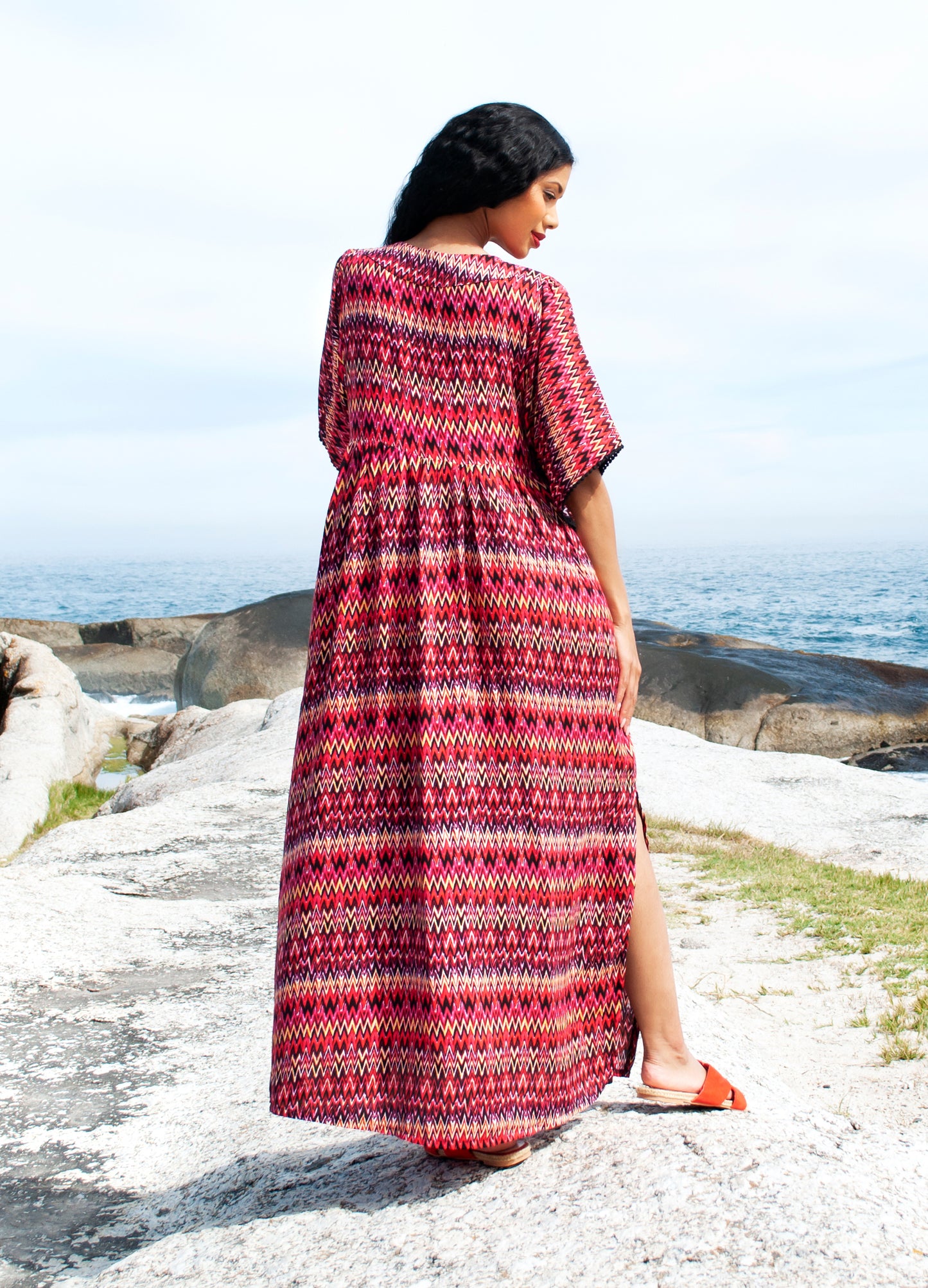 Clara kaftan dress in red ZigZag print