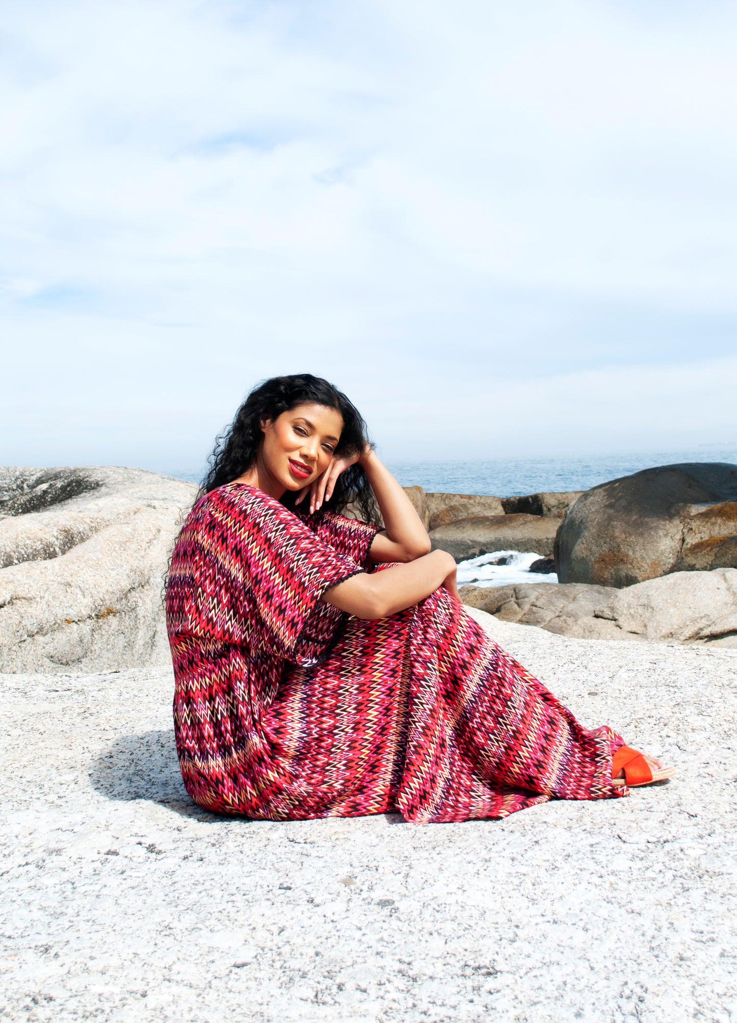 Clara kaftan dress in red ZigZag print