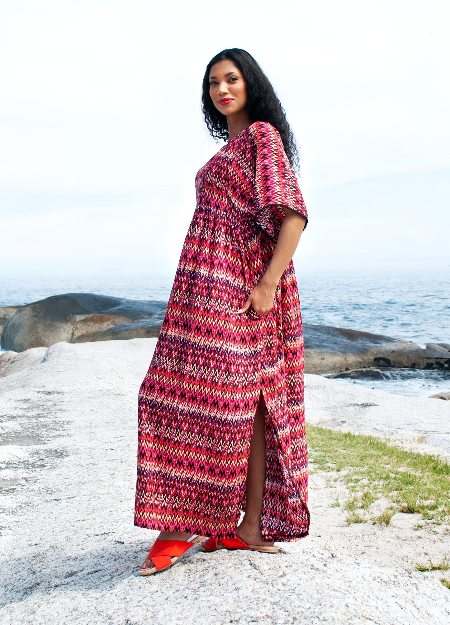 Clara kaftan dress in red ZigZag print