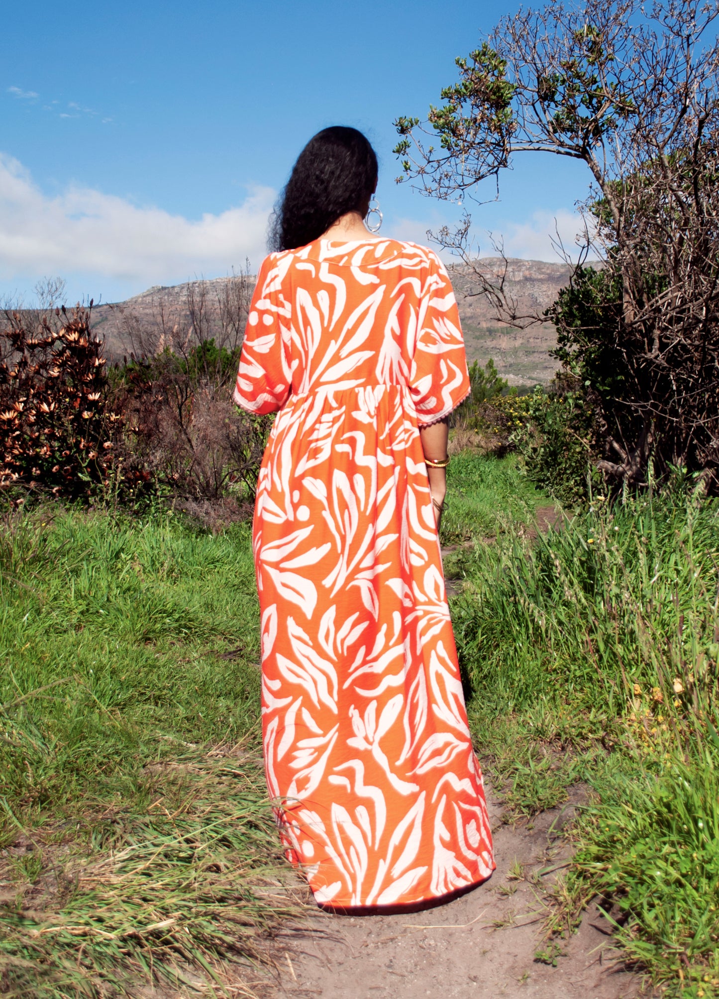 Clara kaftan dress in lobster Vacation Floral print