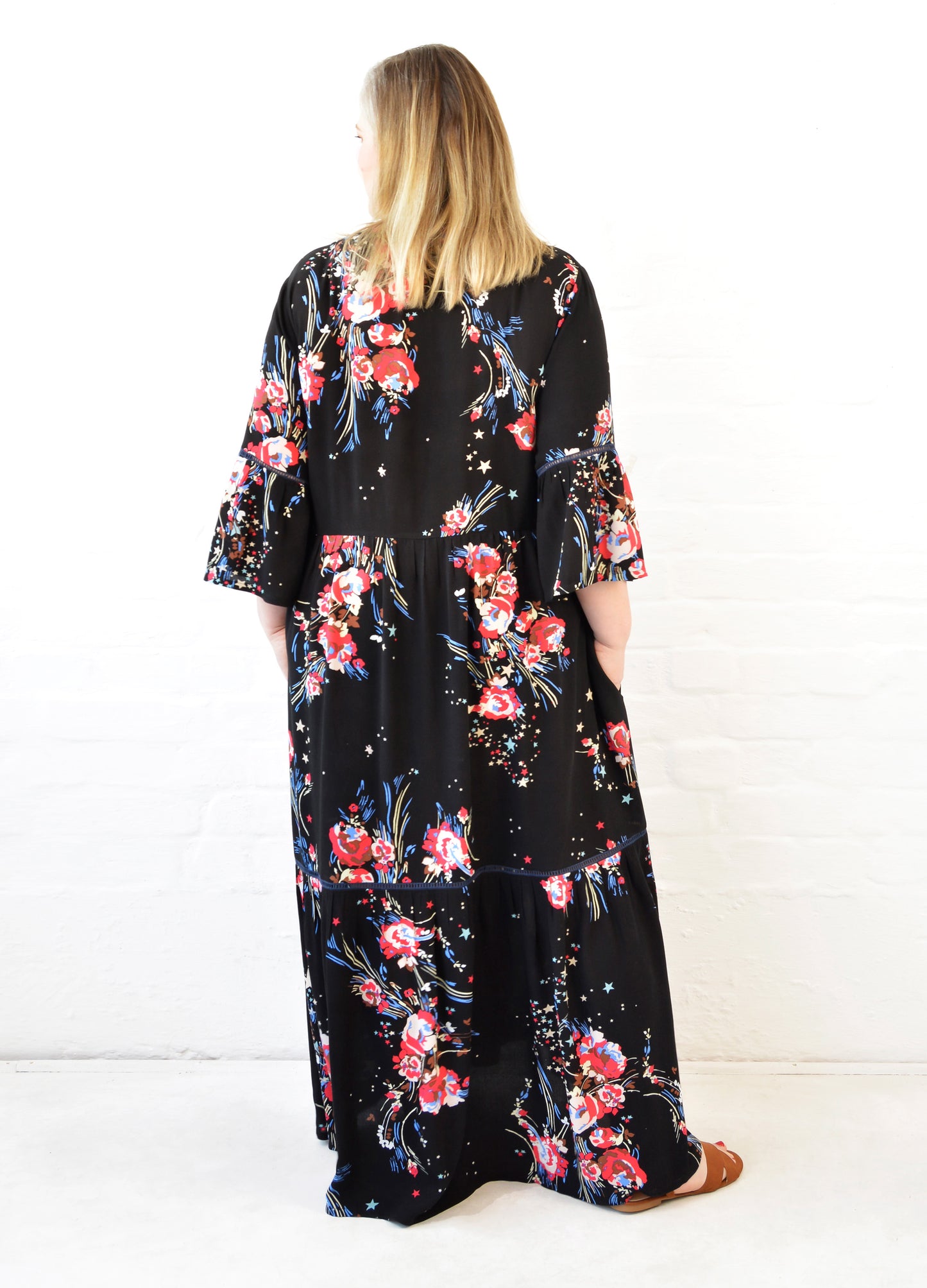 Cora maxi tiered dress in black Star Blossom print