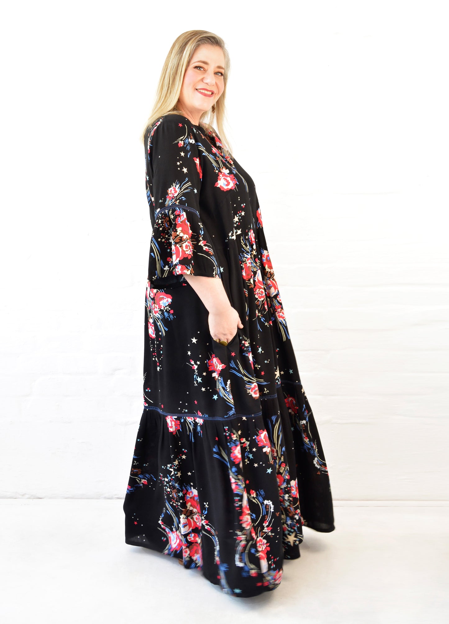 Cora maxi tiered dress in black Star Blossom print