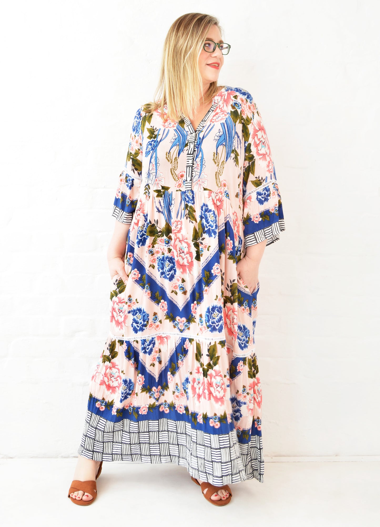 Cora maxi tiered dress in blush Olà Scarf print