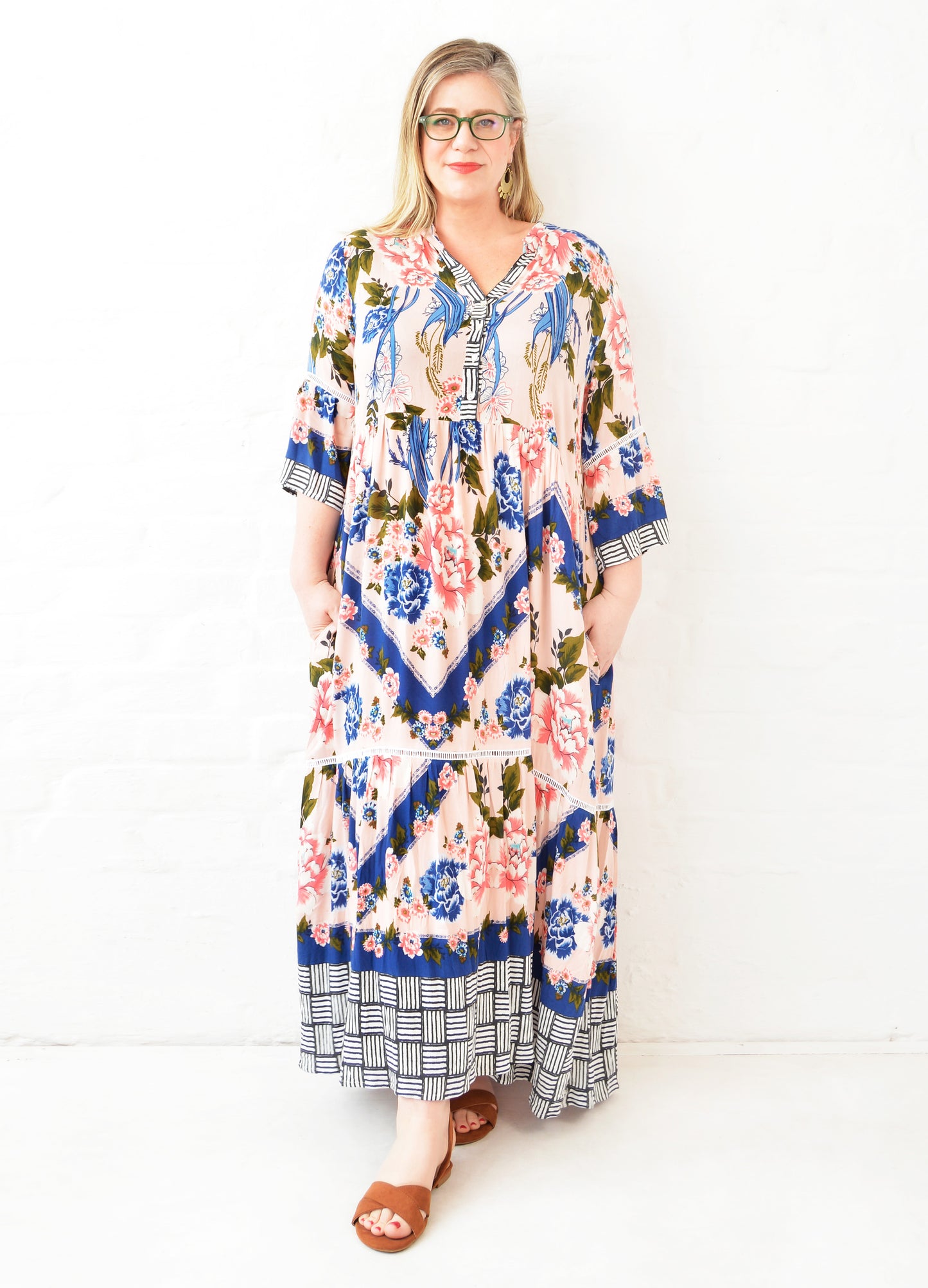 Cora maxi tiered dress in blush Olà Scarf print