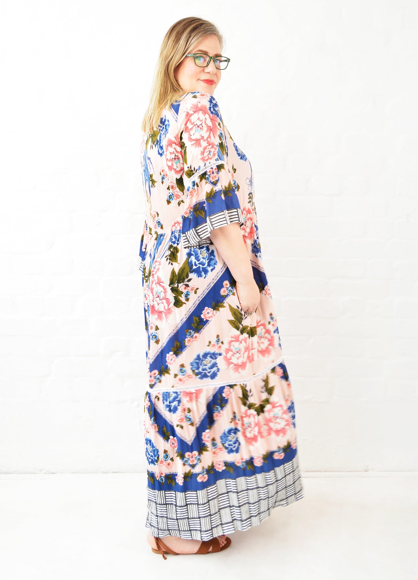 Cora maxi tiered dress in blush Olà Scarf print