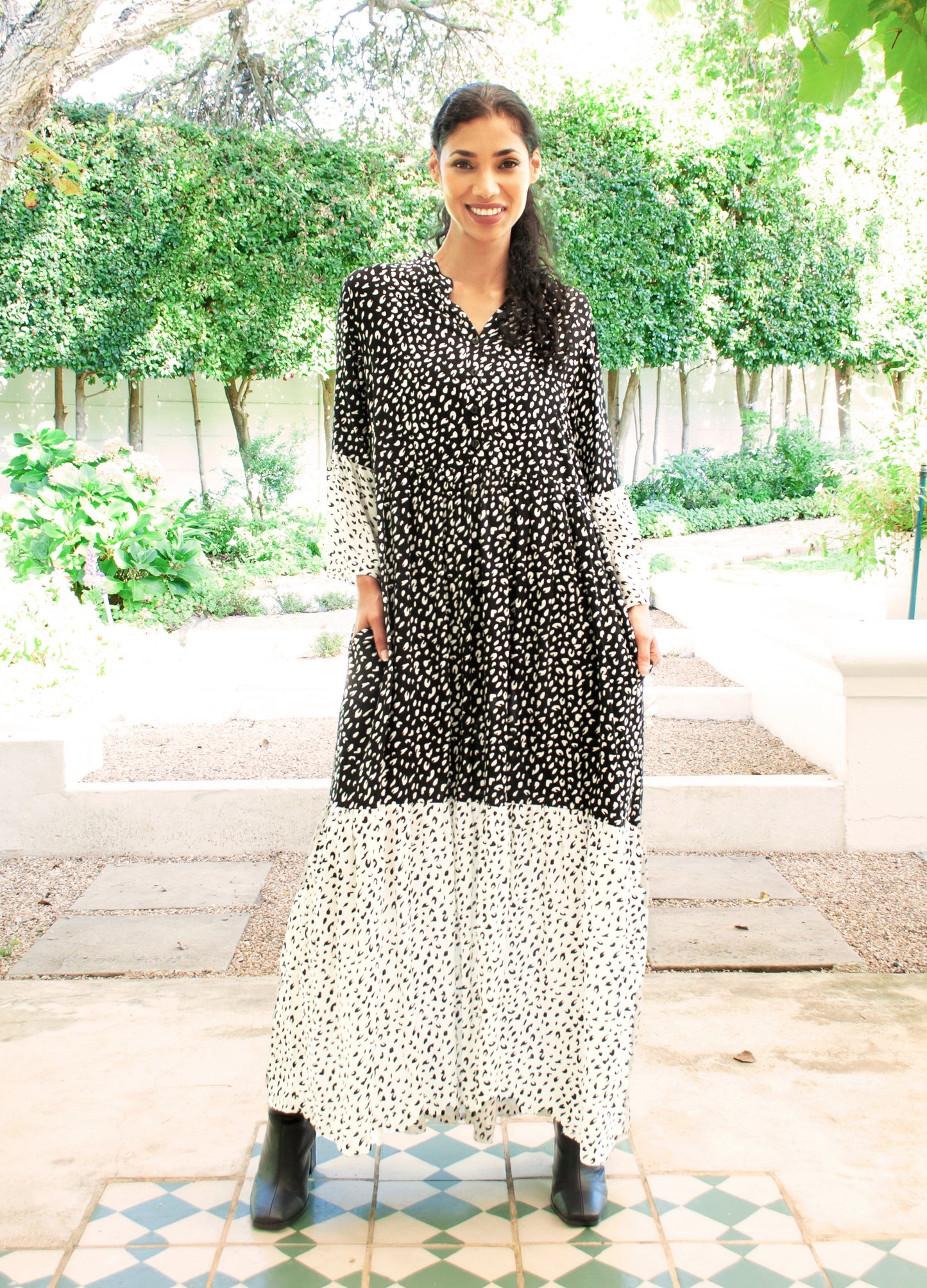 Cora maxi tiered dress in black Spot Leopard print