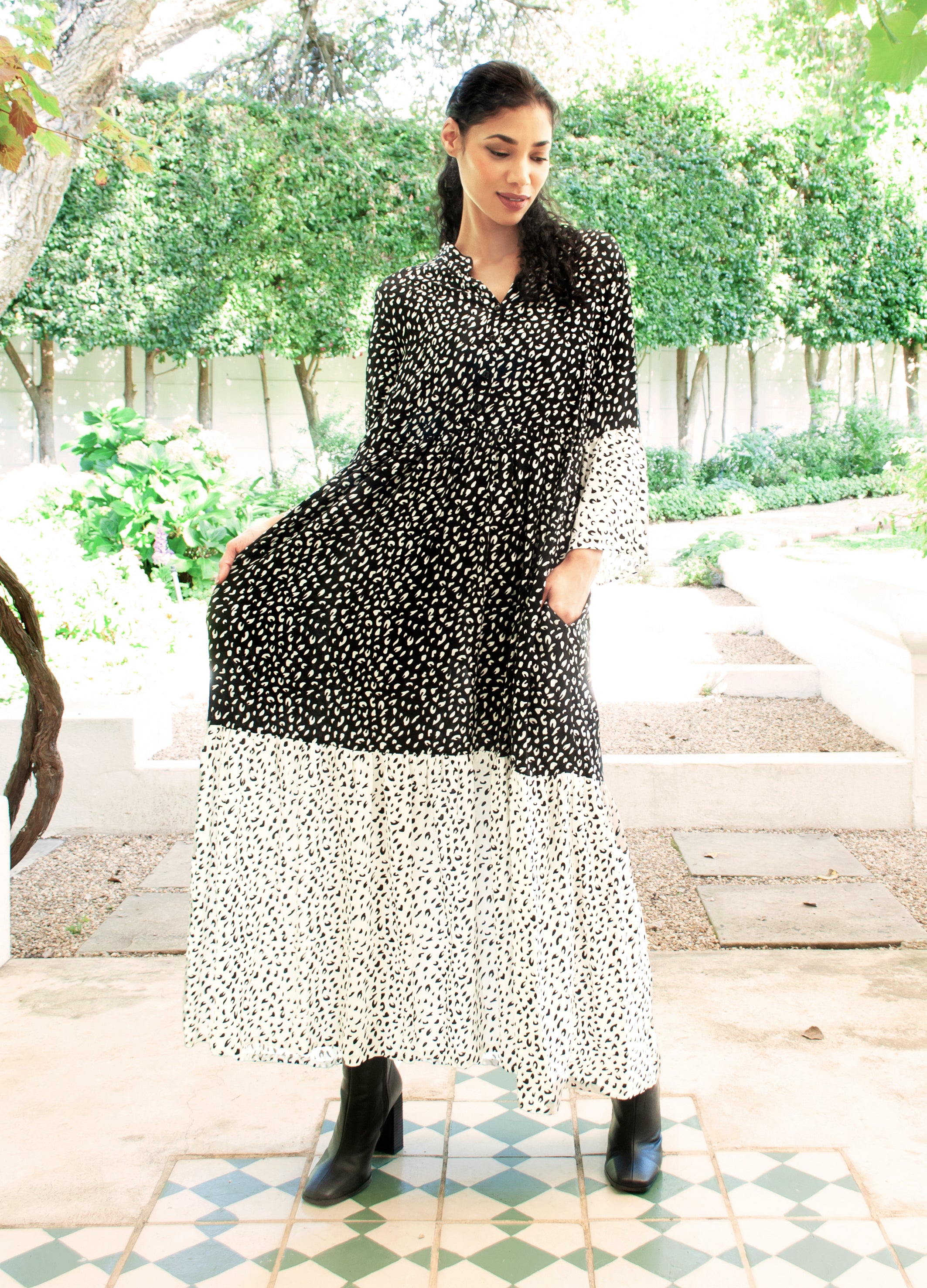 black and white leopard print dress Cora maxi tiered dress in black Spot Leopard print – Maya Prass