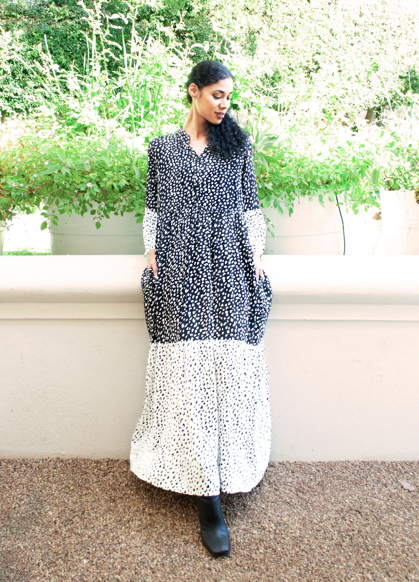 Cora maxi tiered dress in black Spot Leopard print