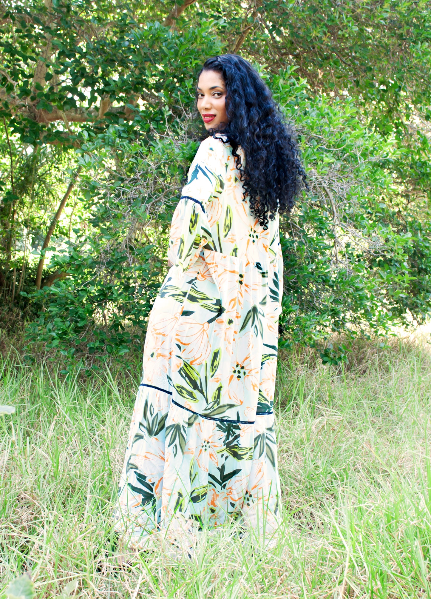 Cora maxi tiered dress in mint Wildflowers print