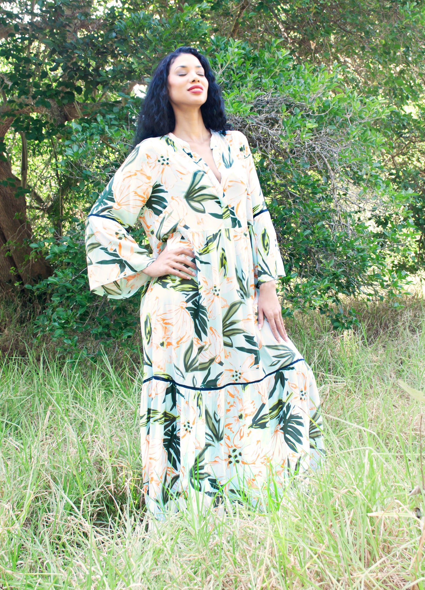 Cora maxi tiered dress in mint Wildflowers print
