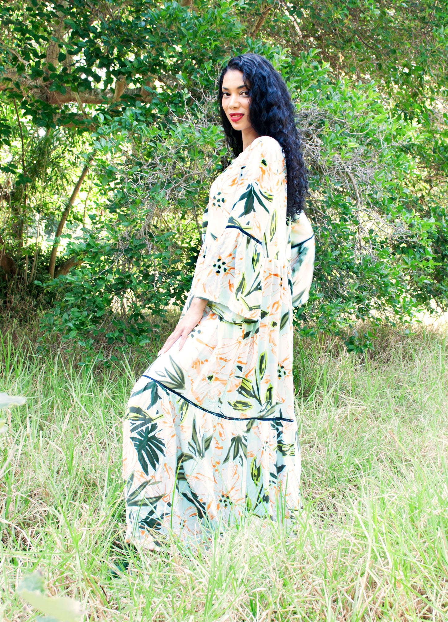Cora maxi tiered dress in mint Wildflowers print