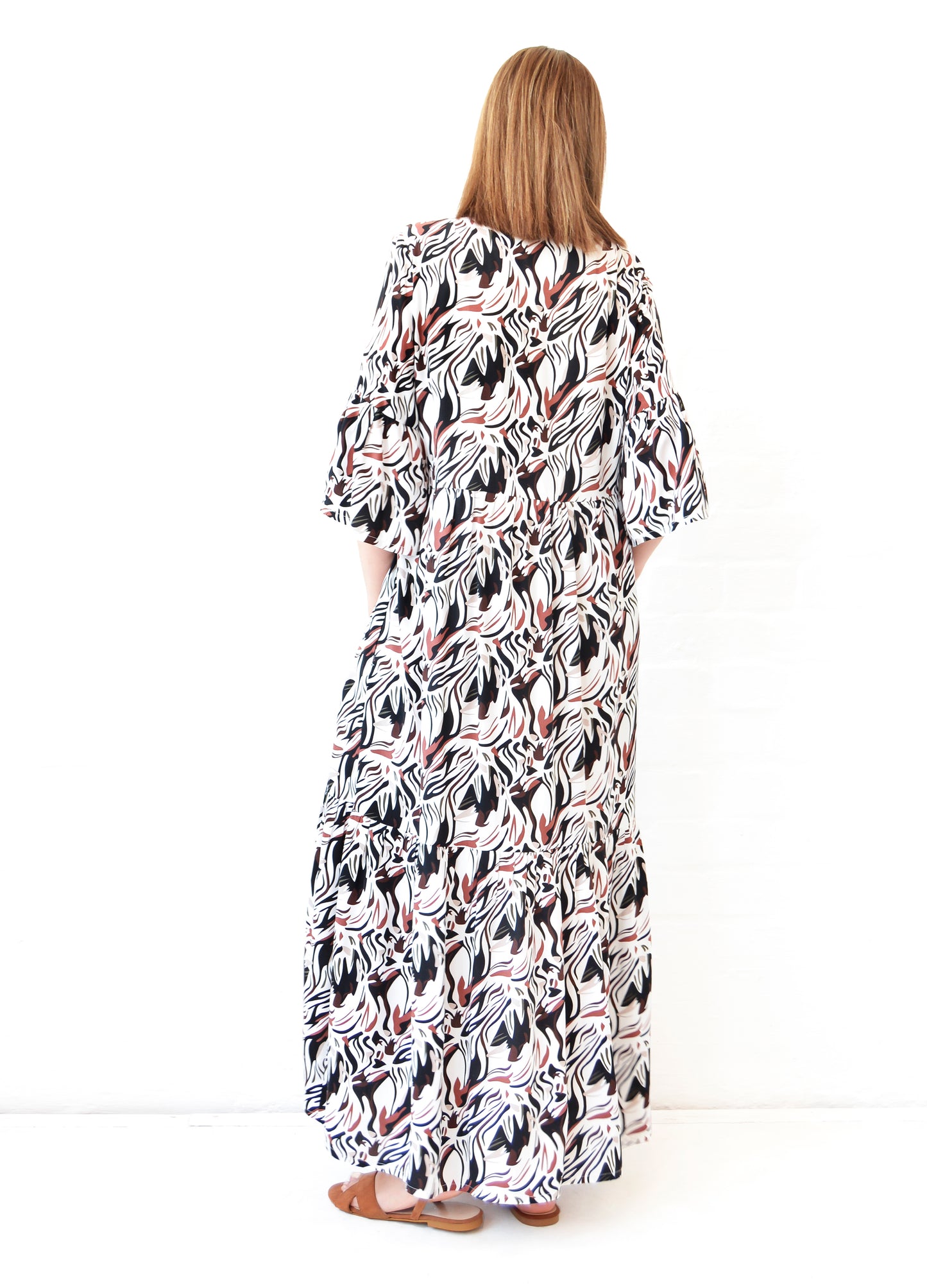 Cora maxi tiered dress in white Savanna print