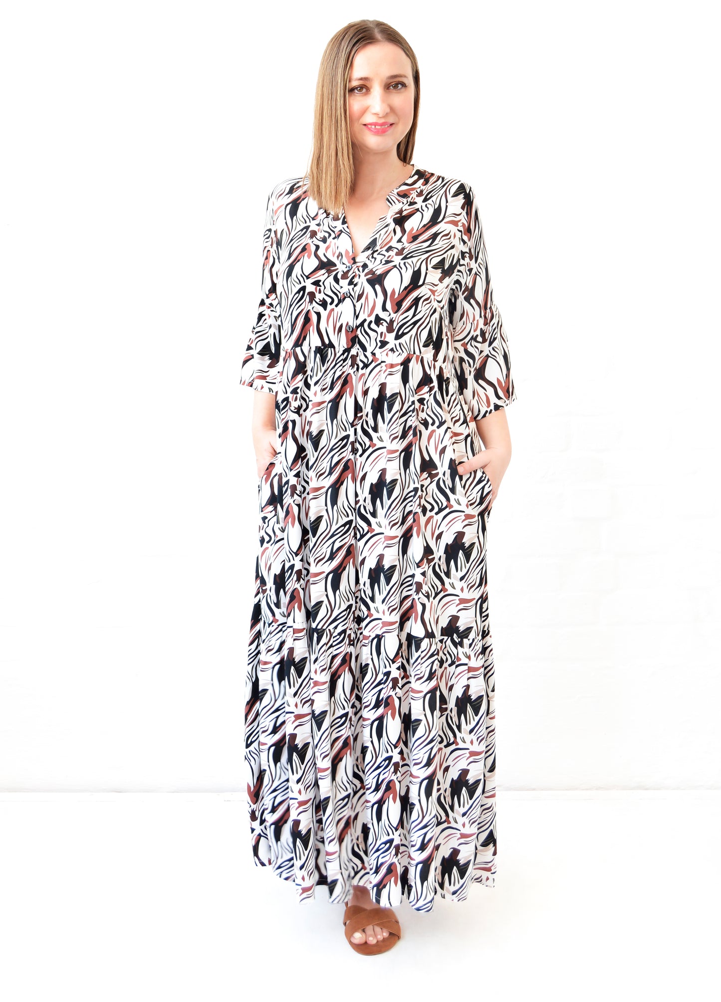 Cora maxi tiered dress in white Savanna print