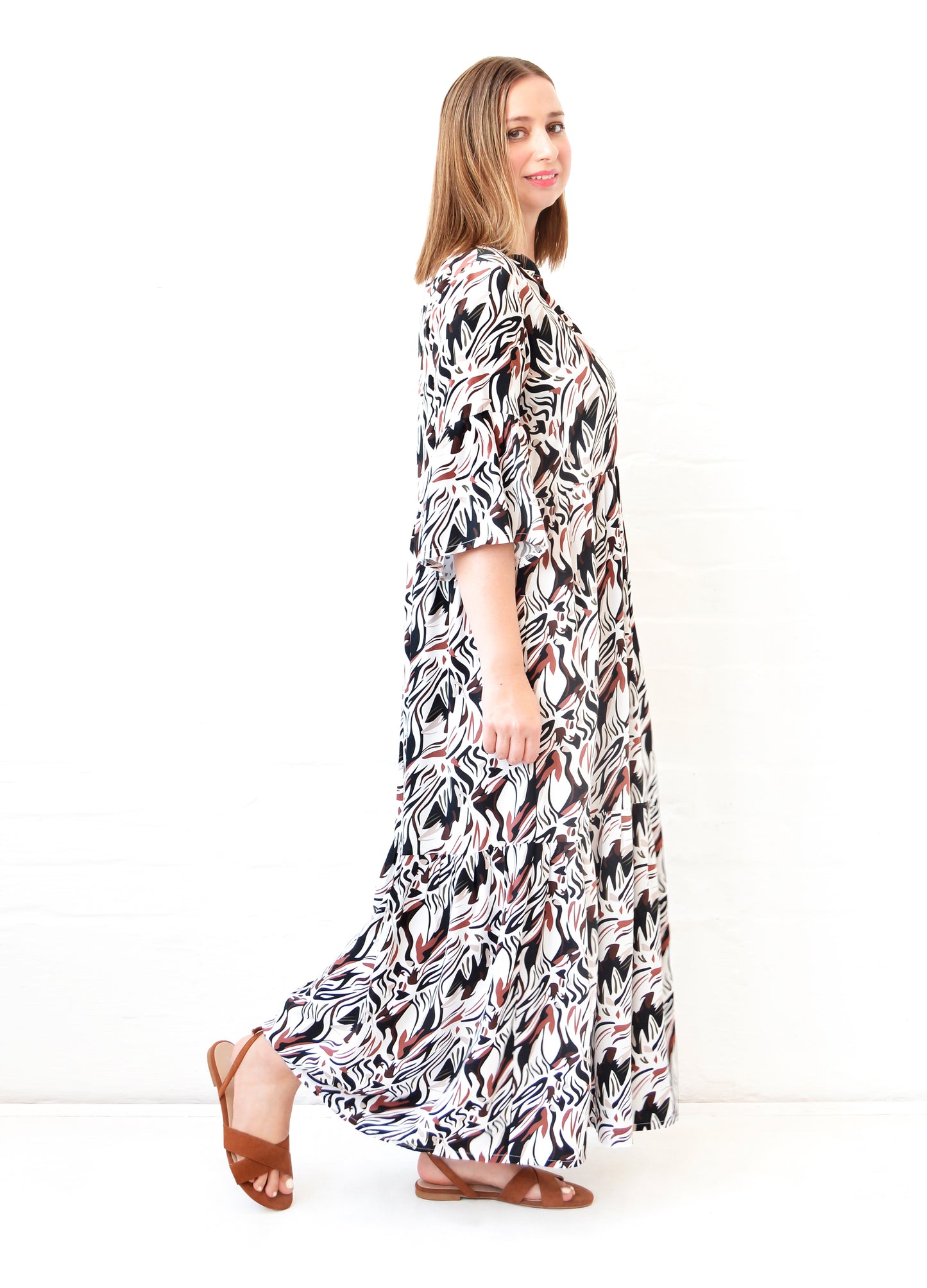 Cora maxi tiered dress in white Savanna print