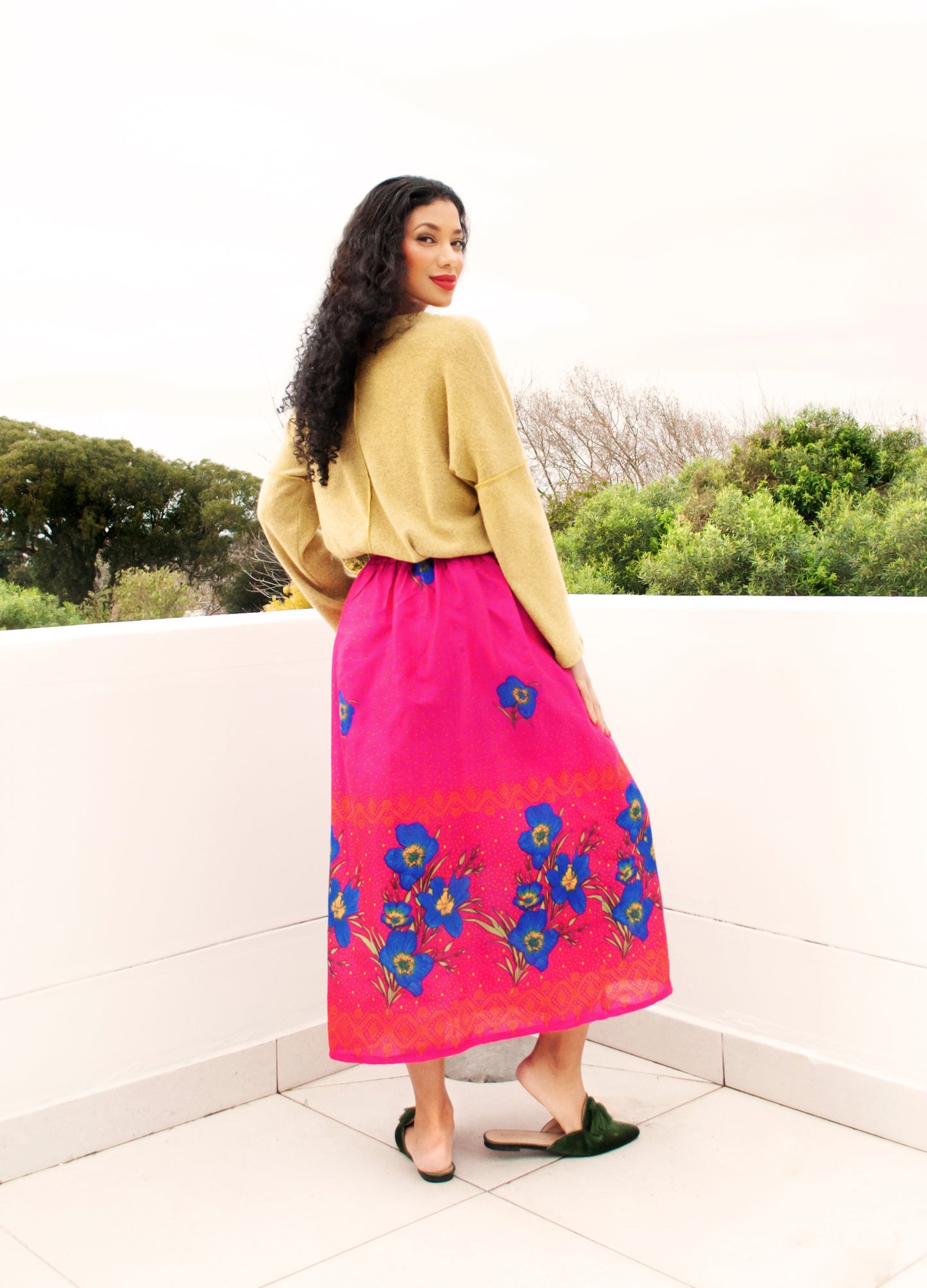 Rosa swing skirt in cerise Blue Blooms print