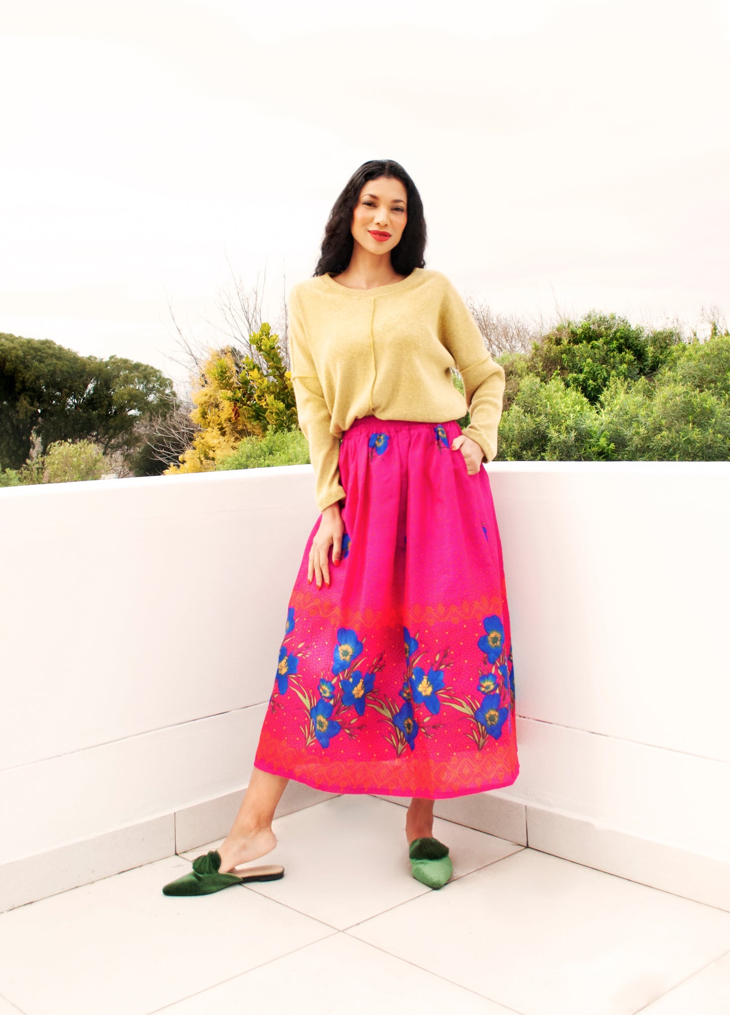 Rosa swing skirt in cerise Blue Blooms print