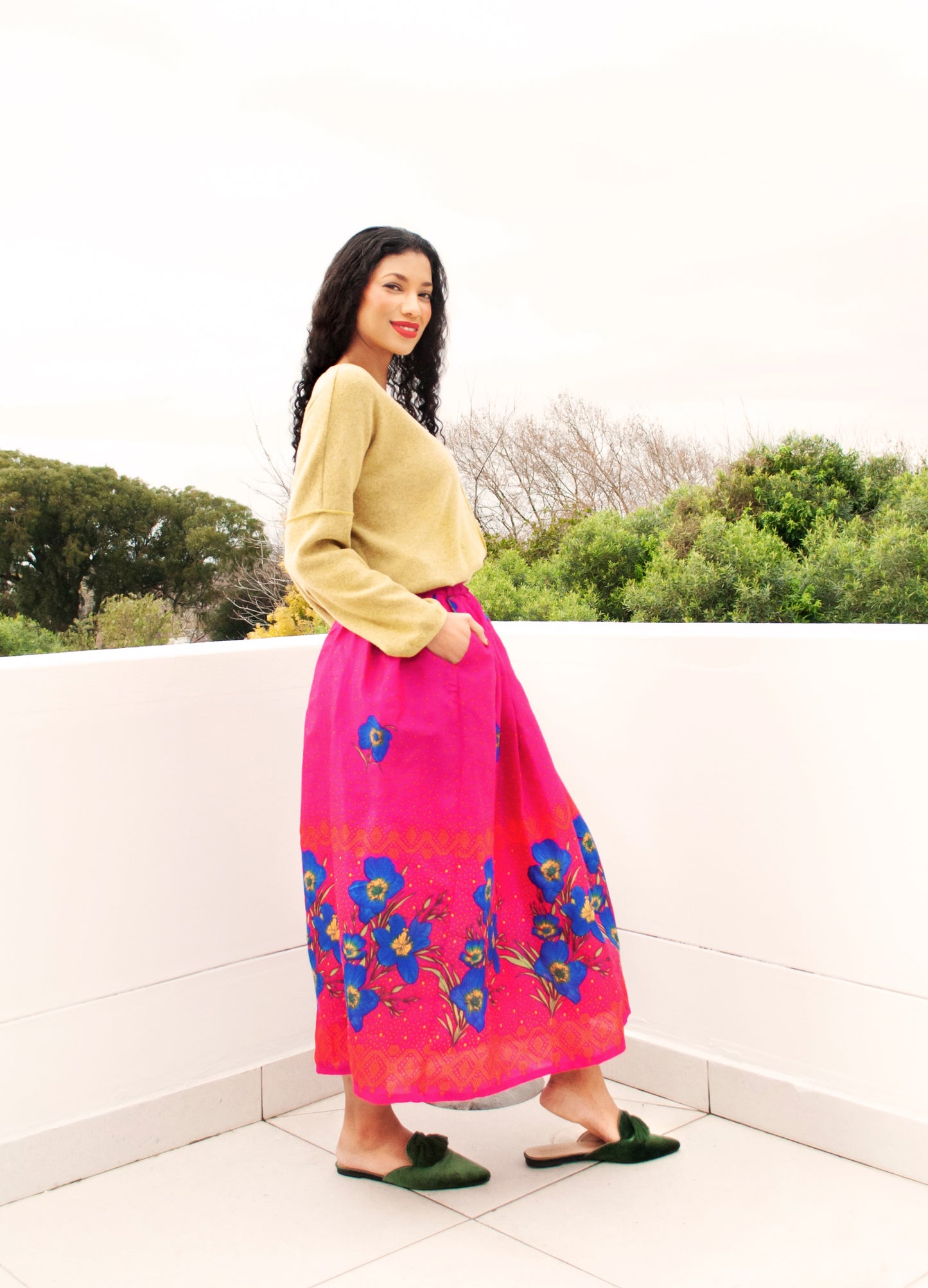 Rosa swing skirt in cerise Blue Blooms print