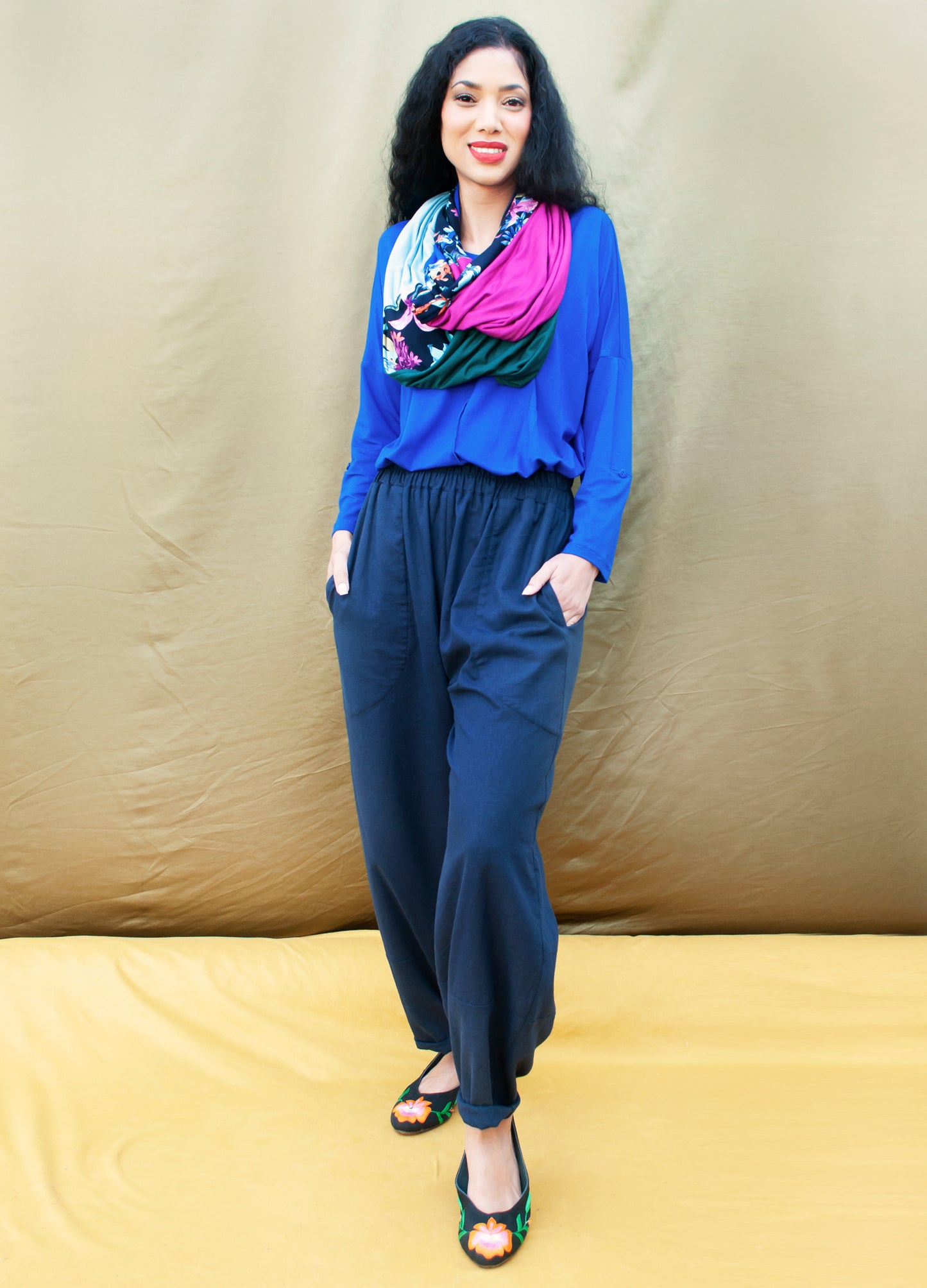 Olivia infinity scarf in navy Moonflower print patchwork
