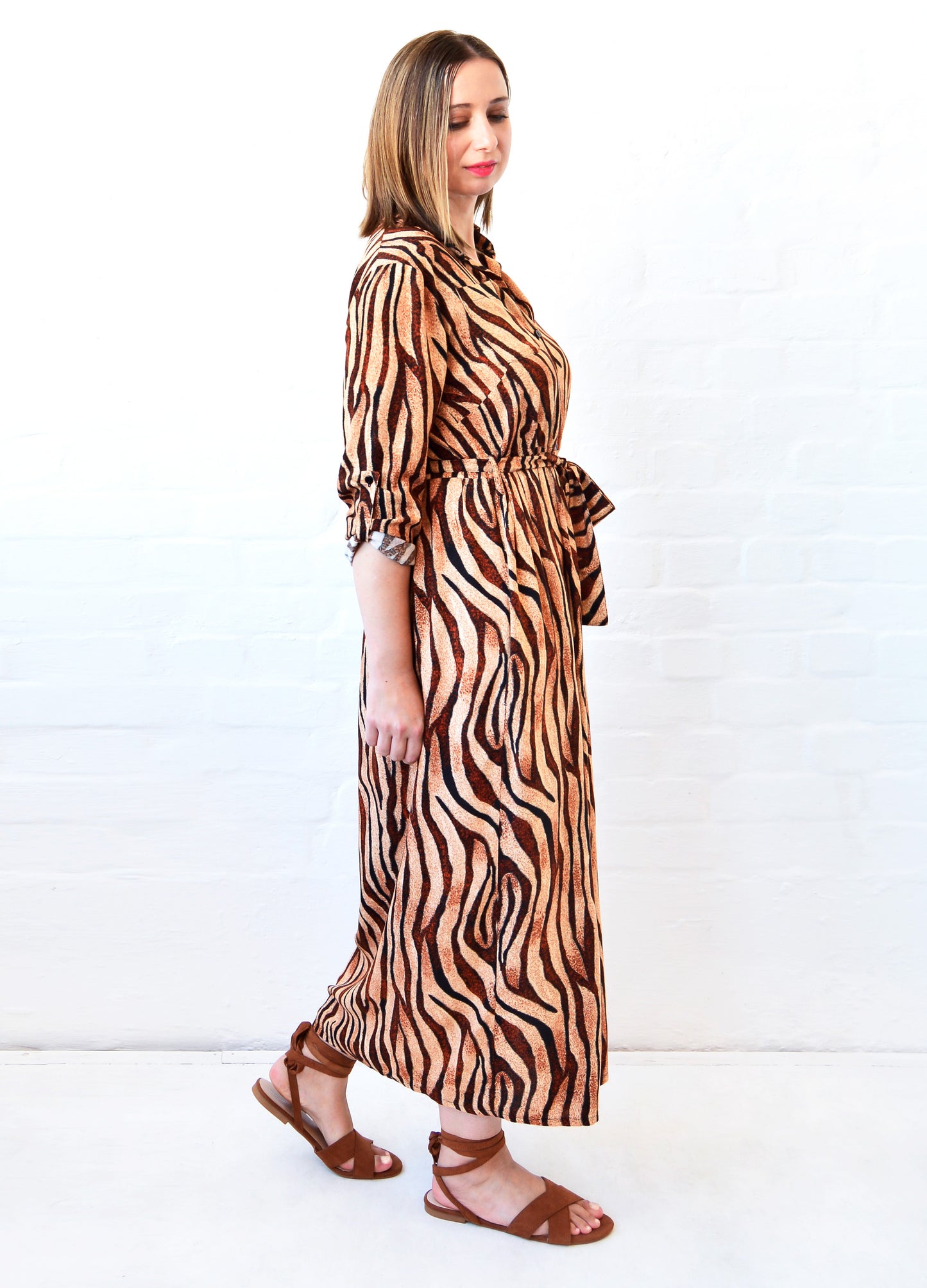 Ivy Shirt Dress in caramel Tiger Wave print