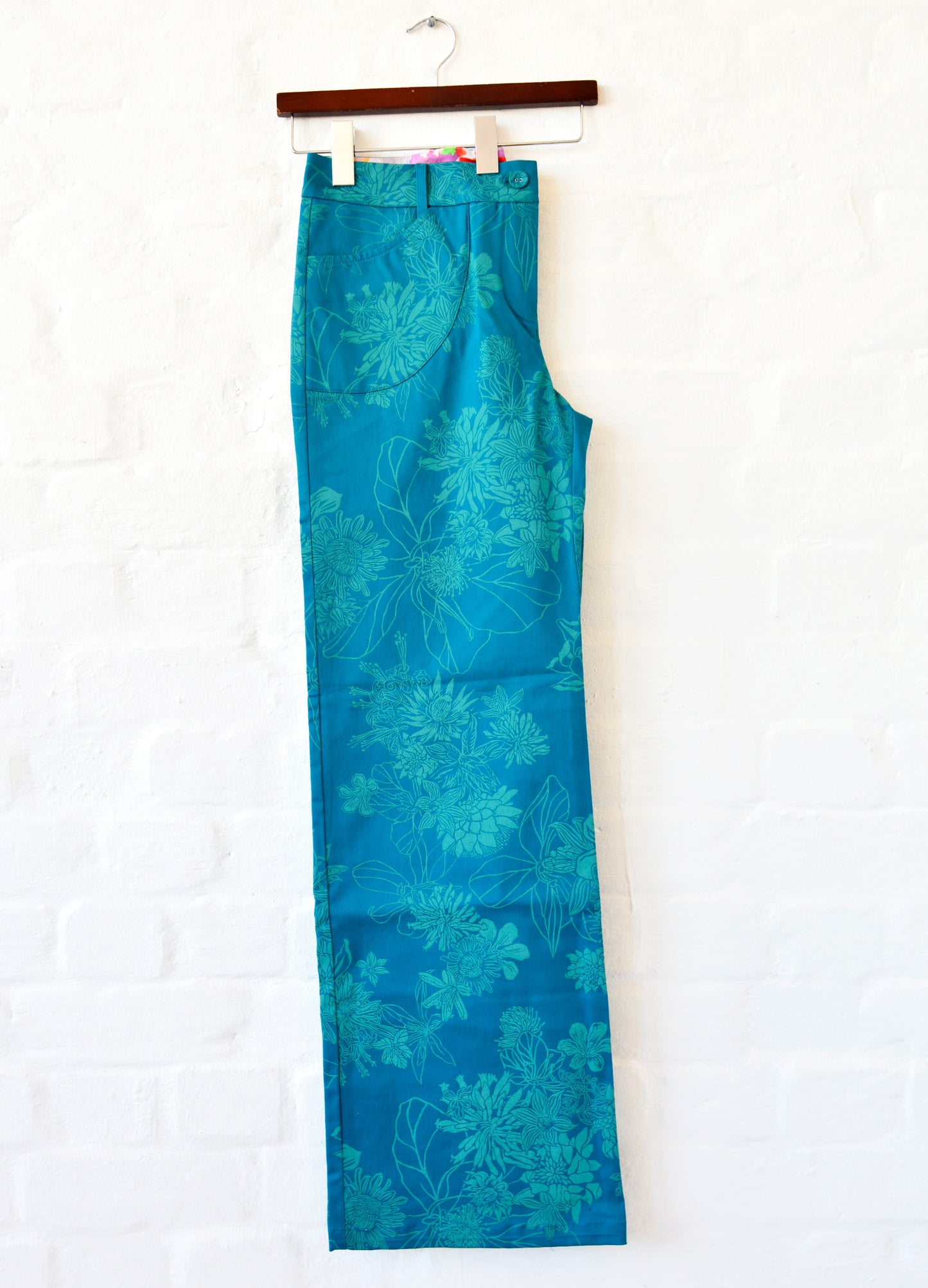 Katya Trousers in teal Fynbos Frenzy SIZE 34 LEFT