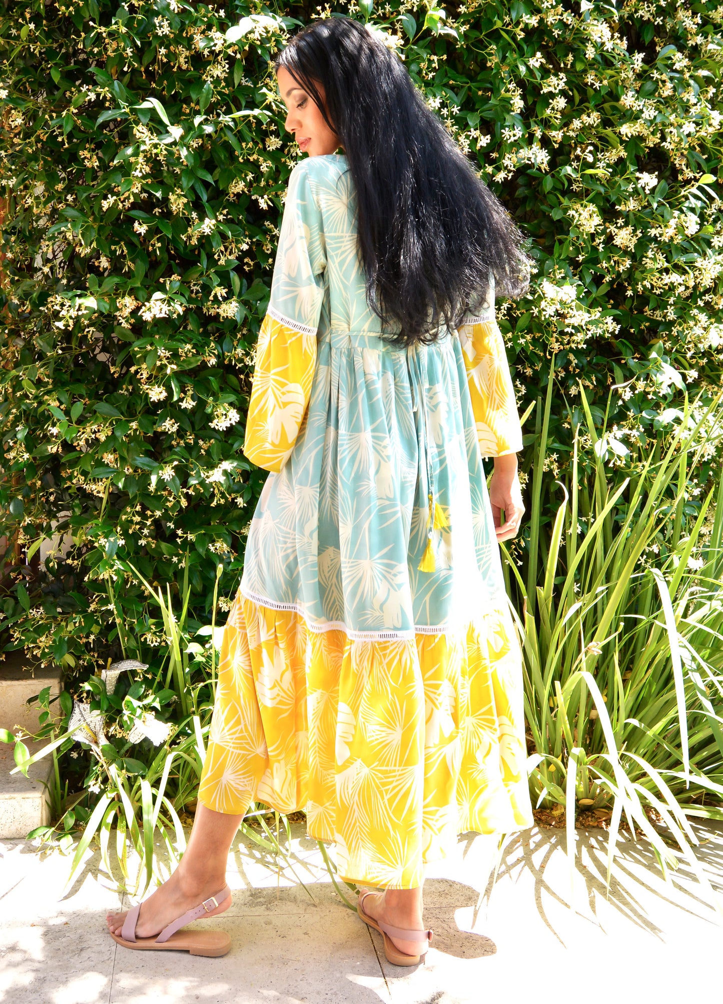 Lilly swing dress in Santorini Palms print