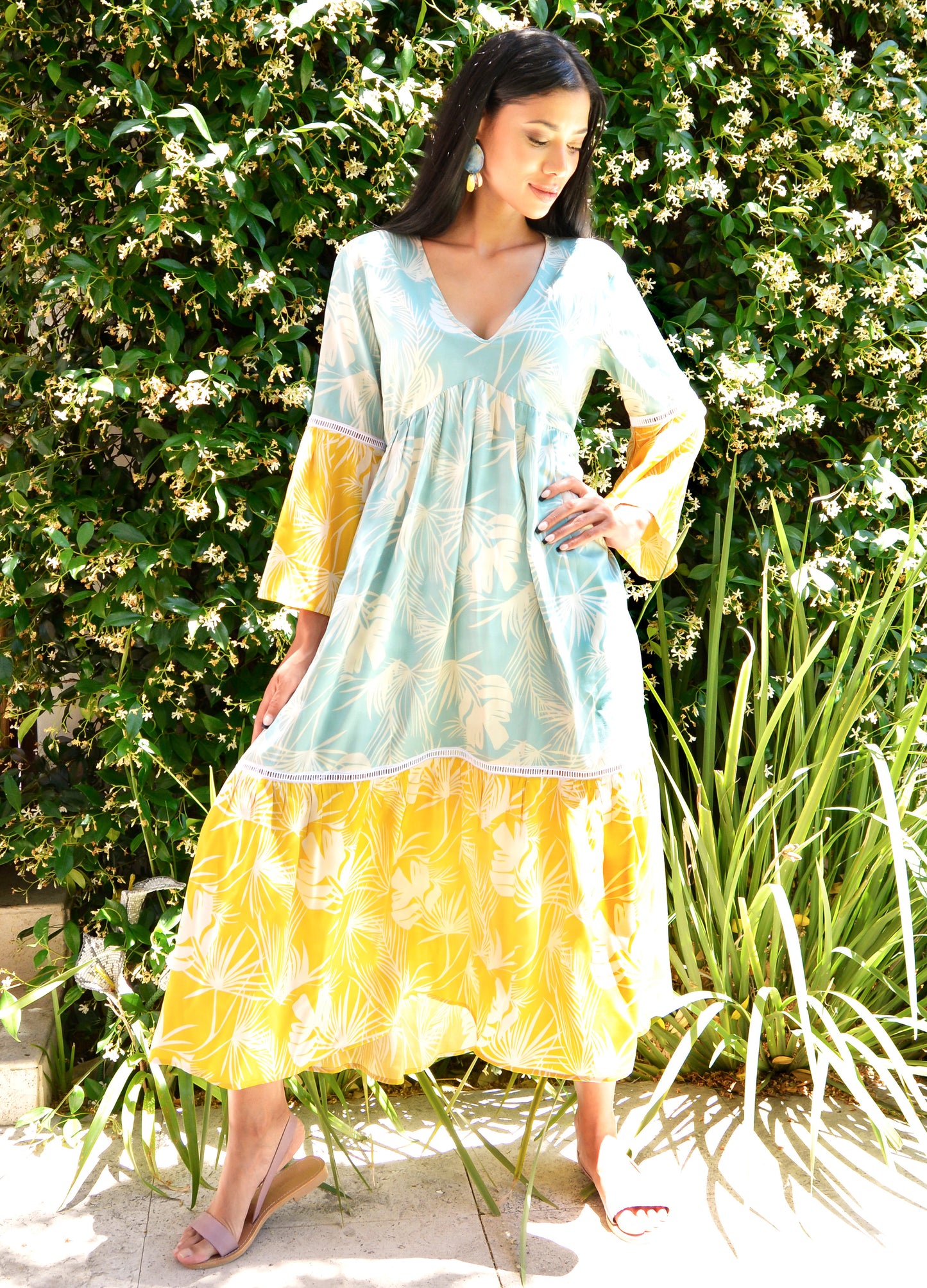 Lilly swing dress in Santorini Palms print