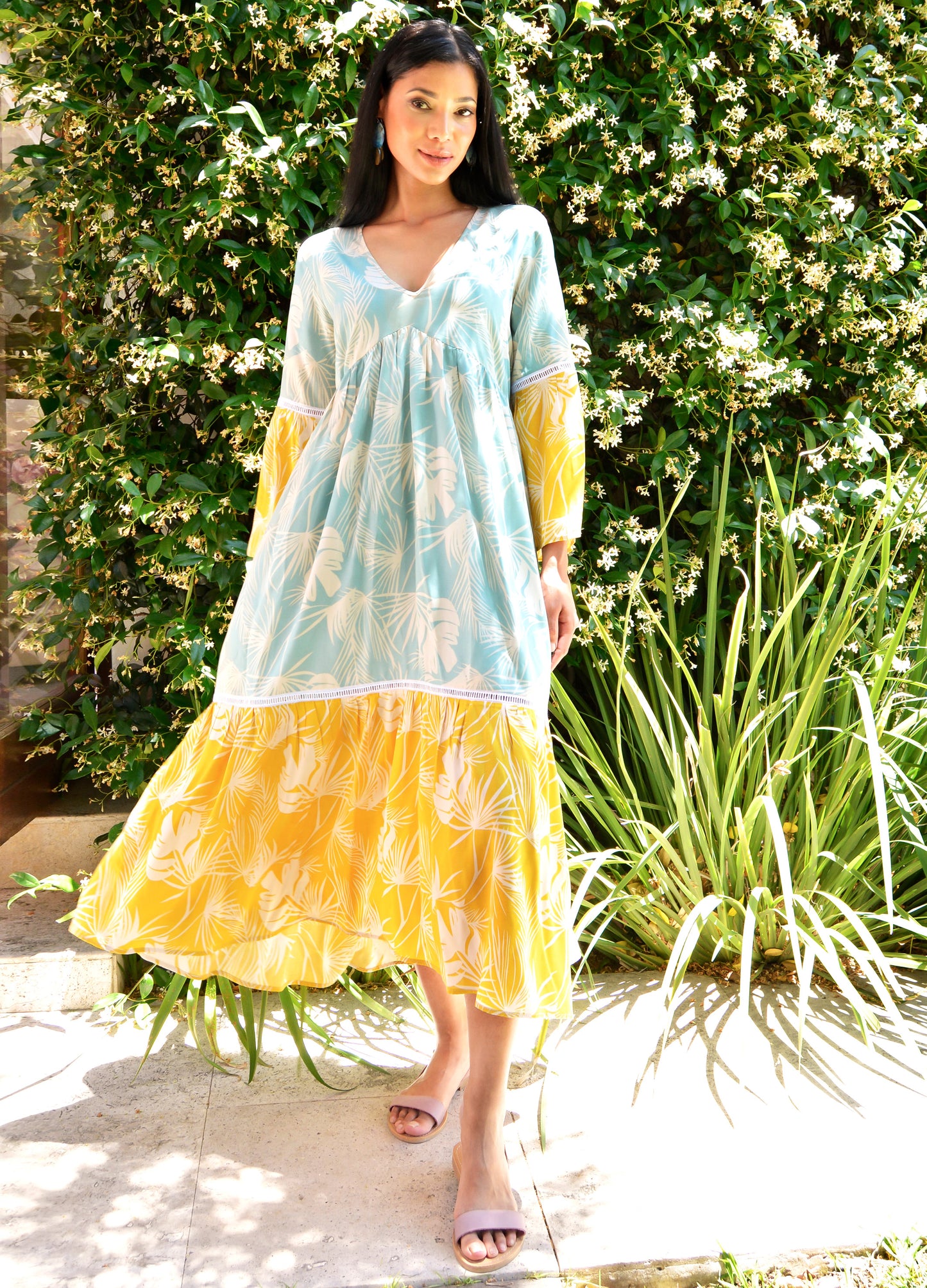 Lilly swing dress in Santorini Palms print