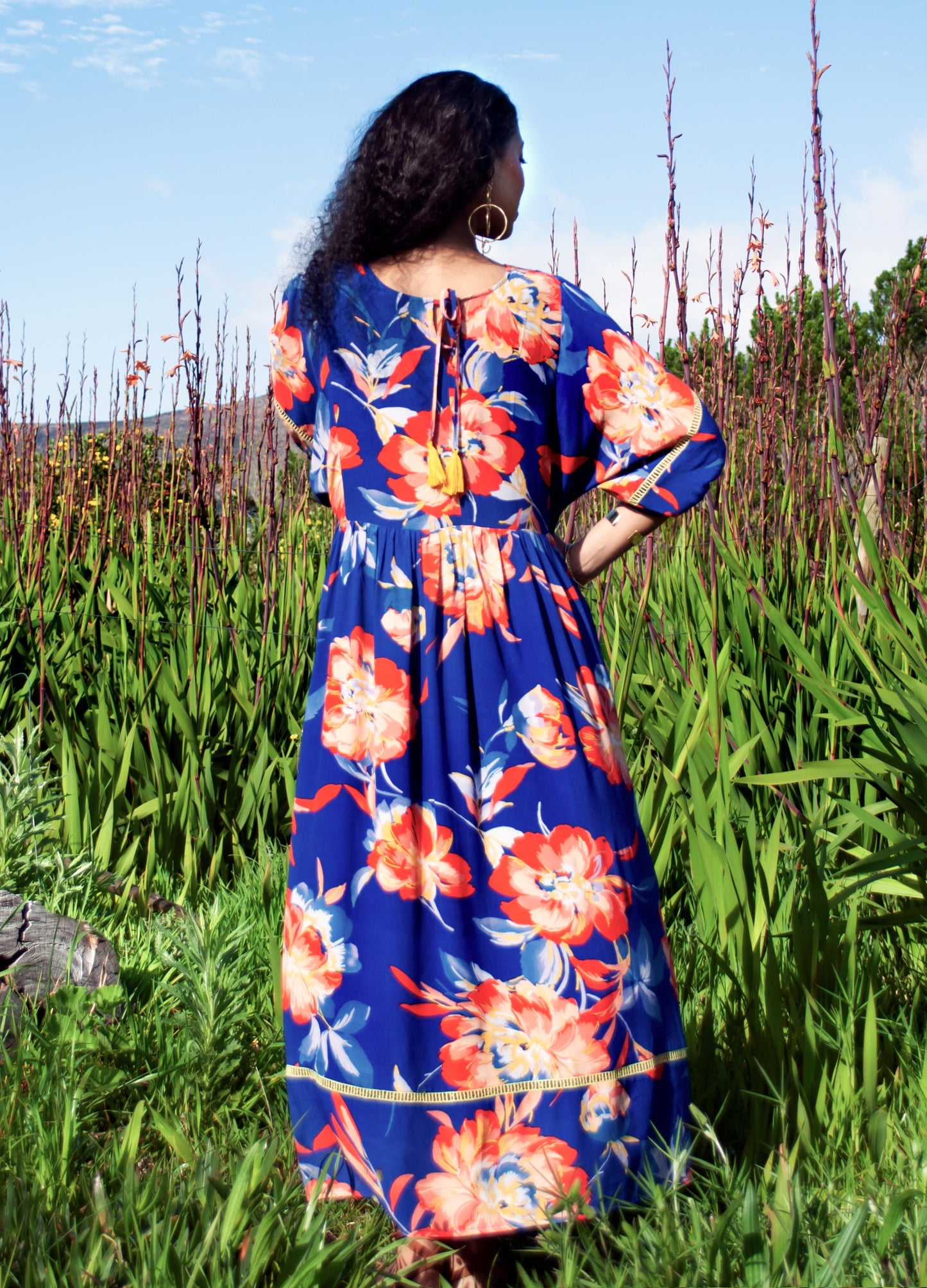 Luna reversabile dress in sapphire Tropical Peonies