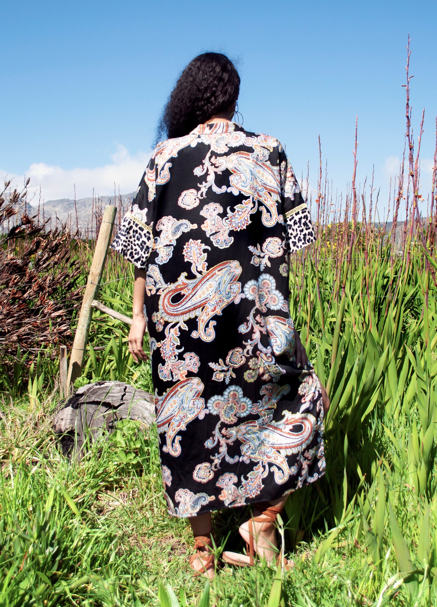 Luz kaftan dress in black Flame Leaf print