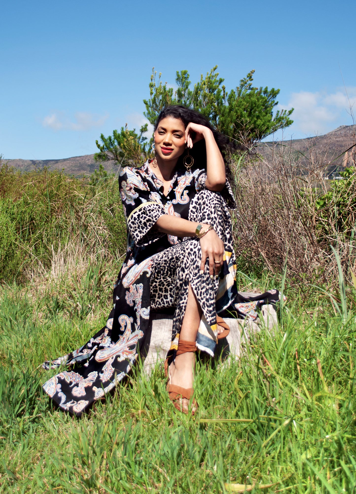 Luz kaftan dress in black Flame Leaf print