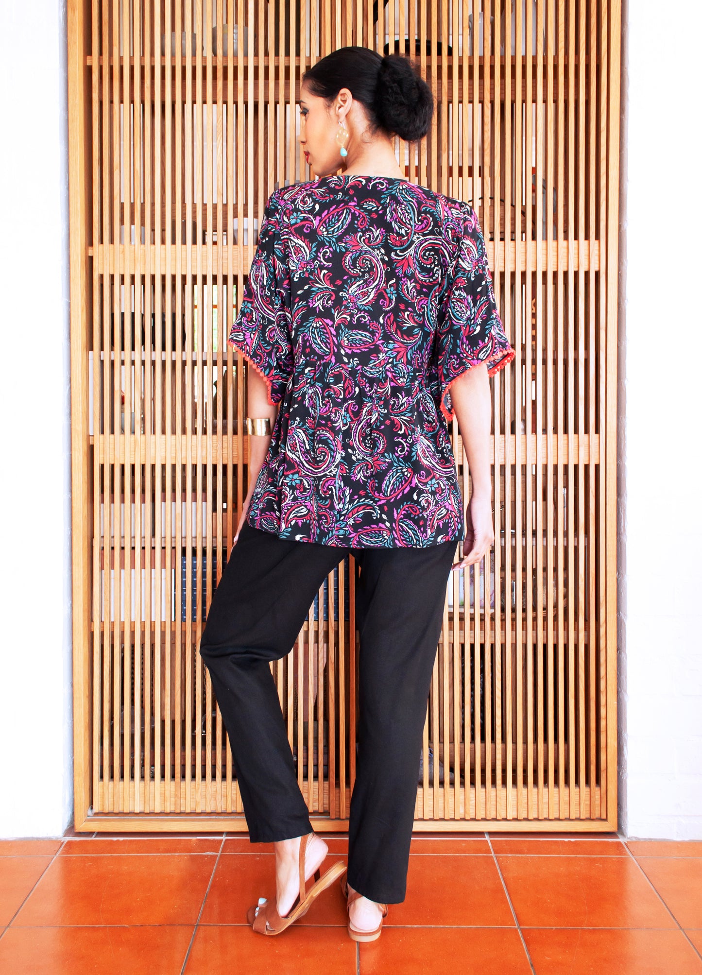 Mimi kaftan top in black Paisley Dreams print