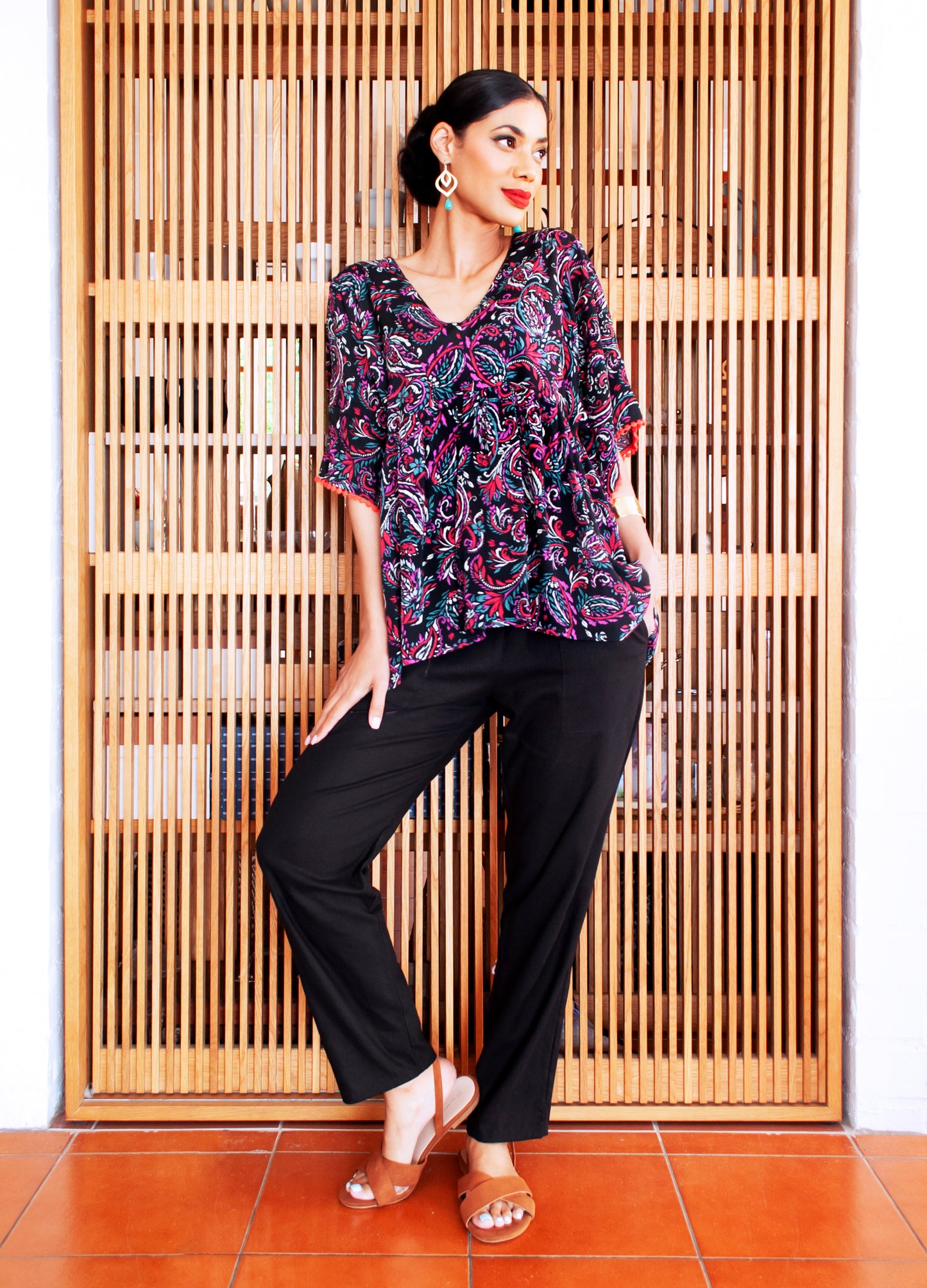 Mimi kaftan top in black Paisley Dreams print