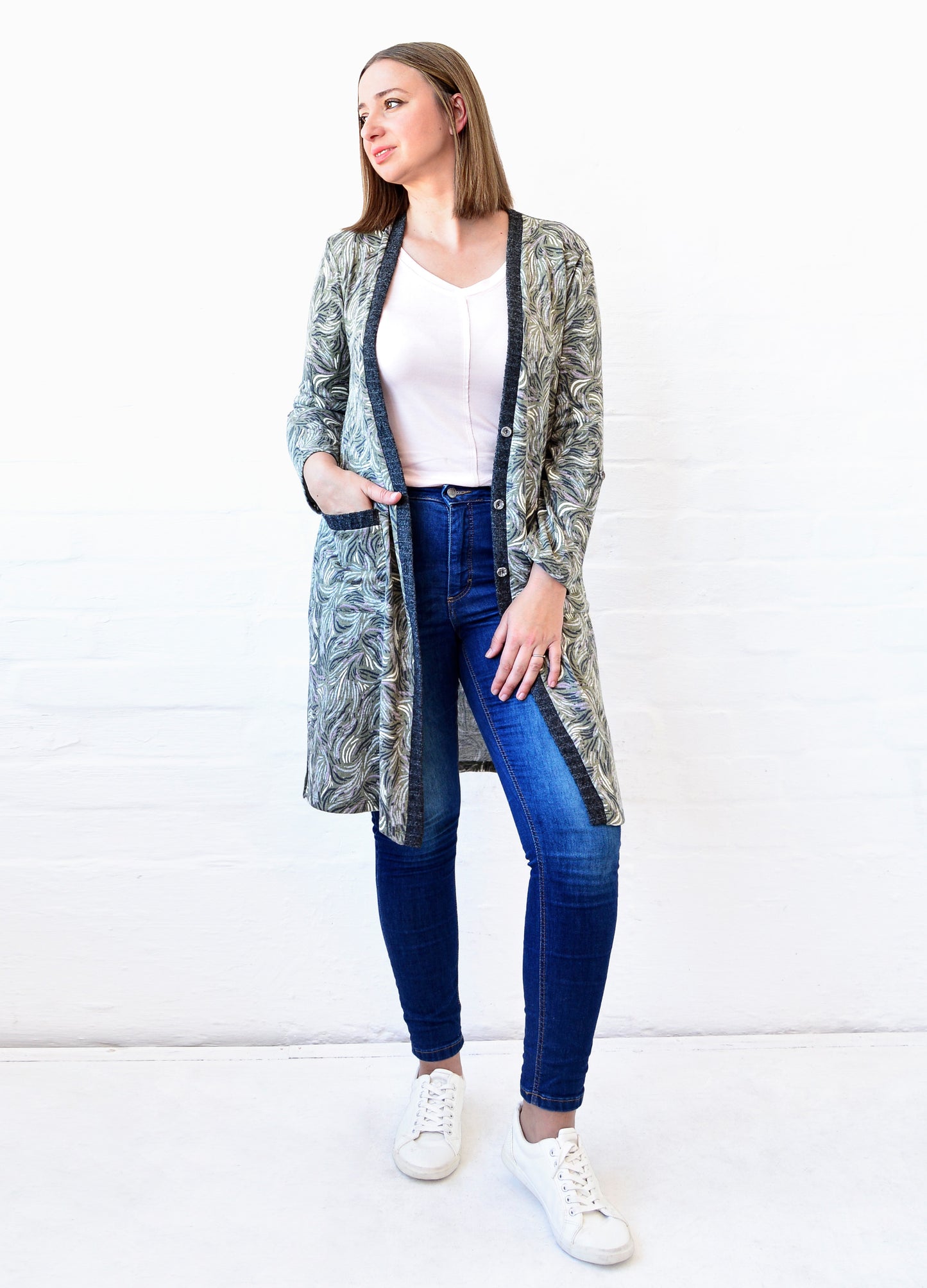 Nicolette Cardigan in olive Huckleberry print