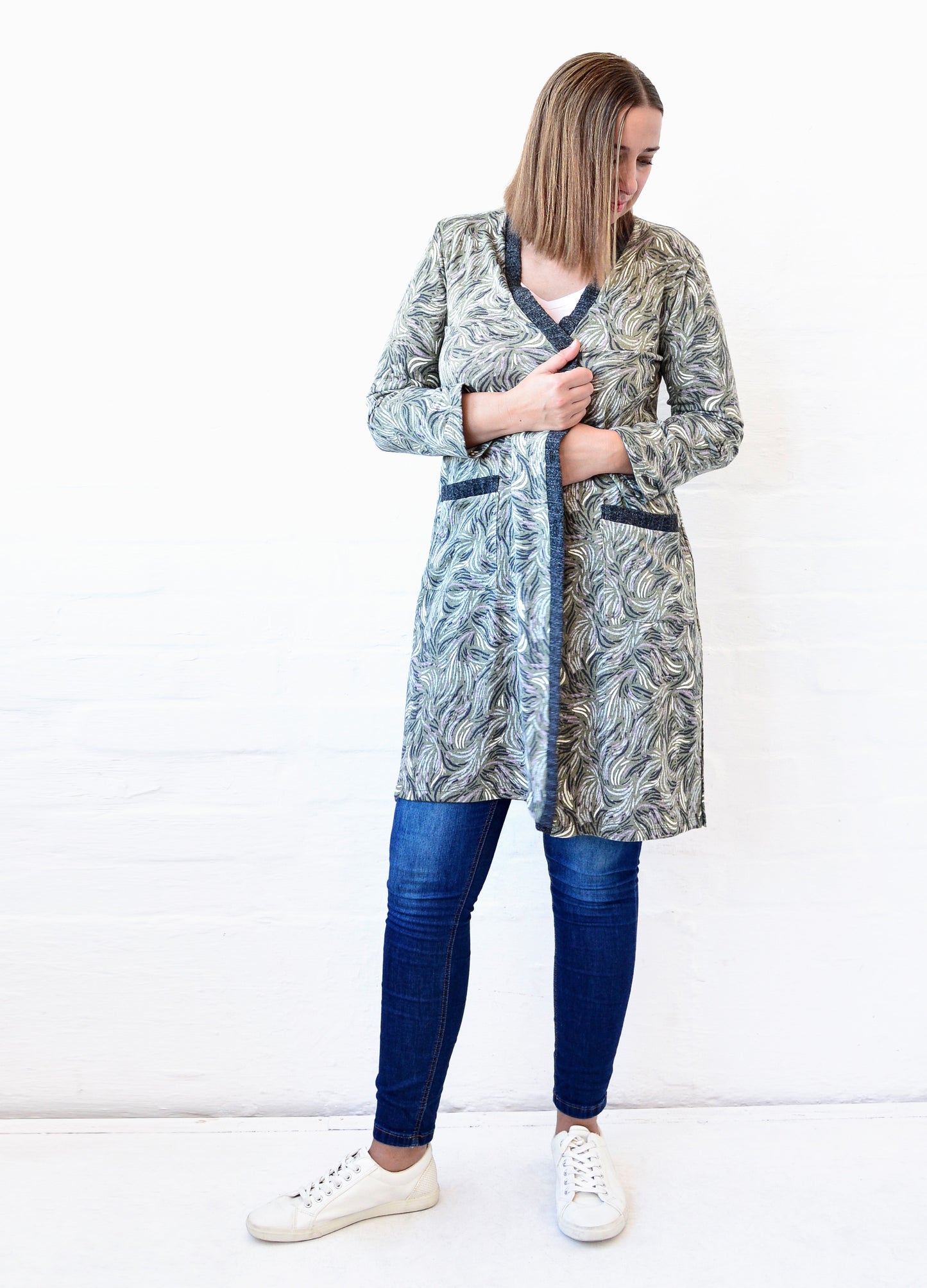 Nicolette Cardigan in olive Huckleberry print