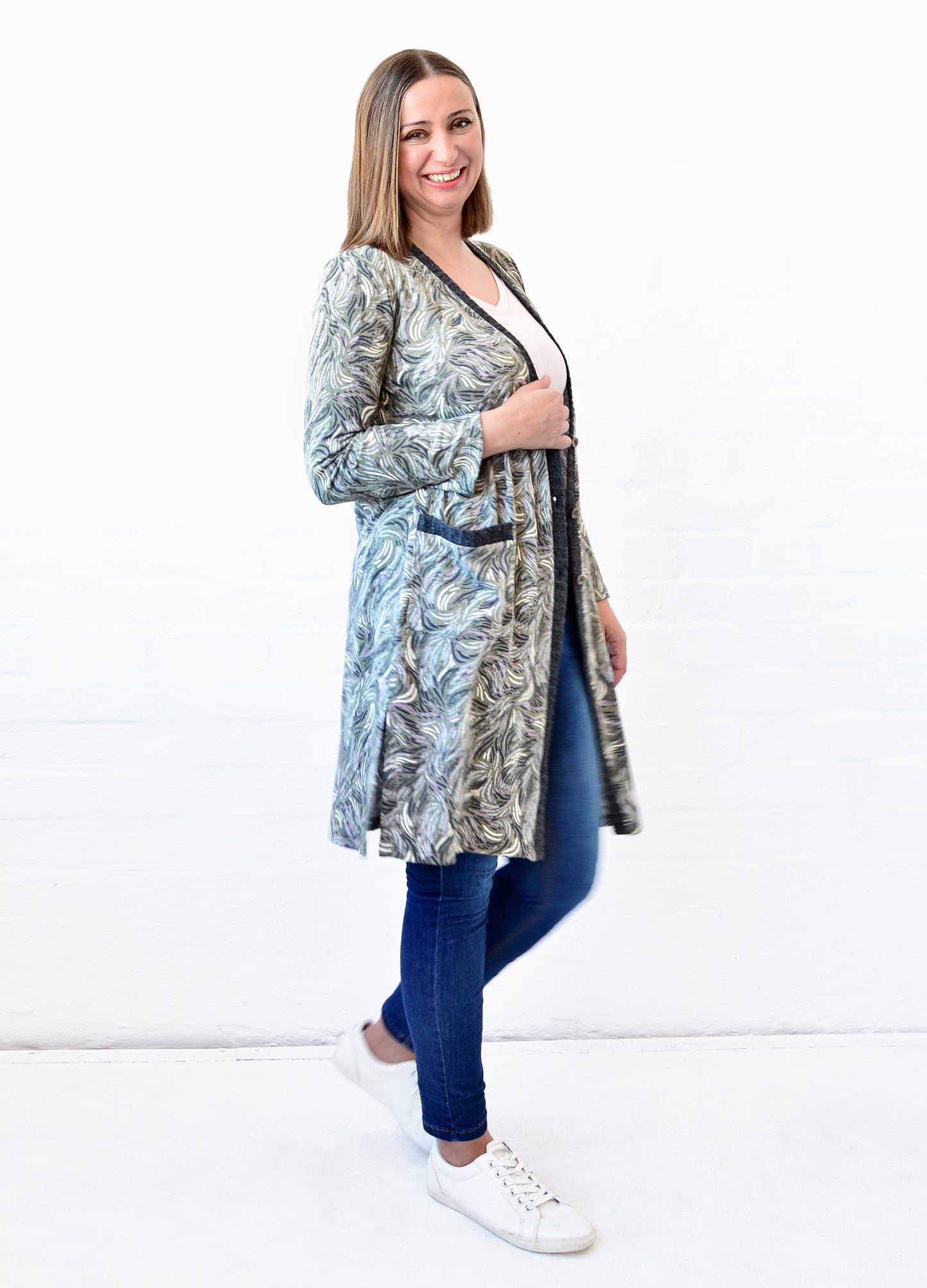 Nicolette Cardigan in olive Huckleberry print