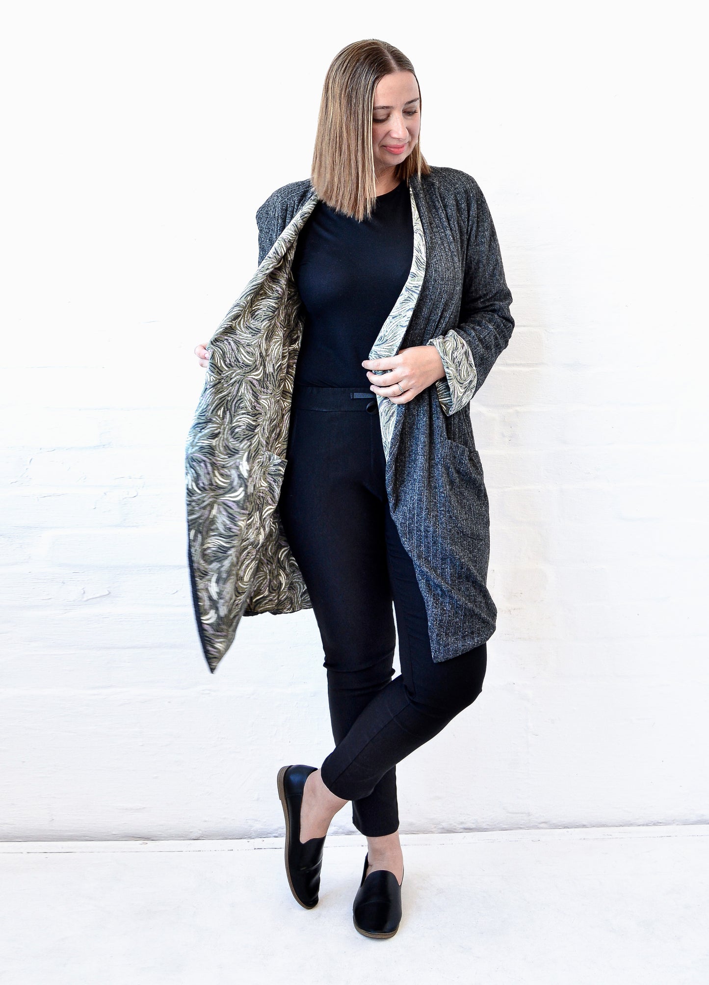 Stefana Reversible Cardigans in olive Huckleberry print and charcoal rib