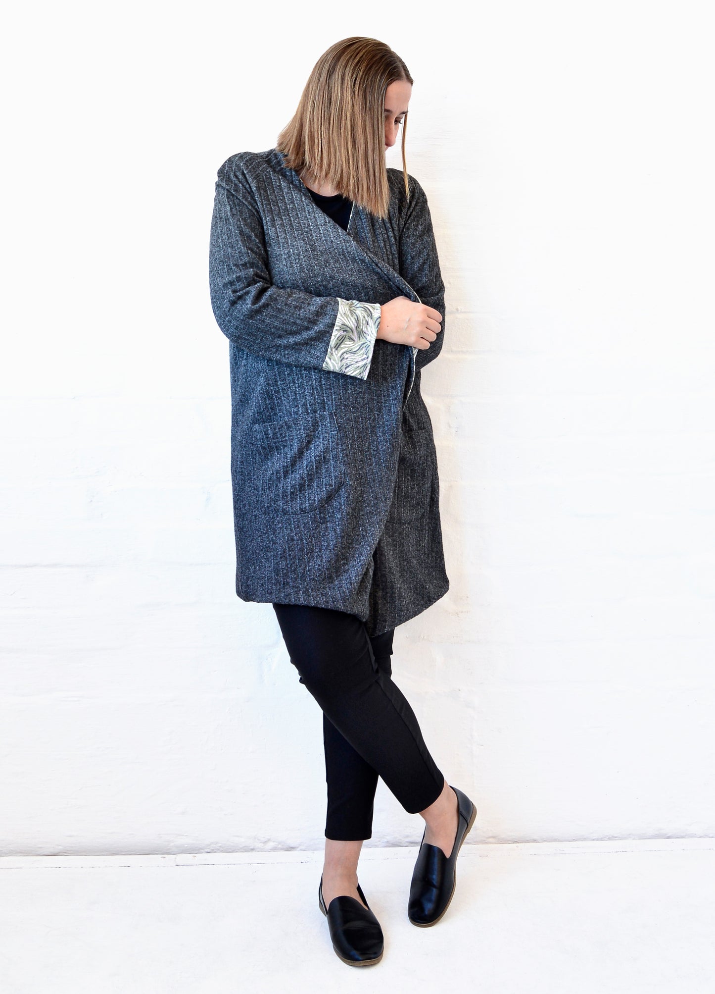 Stefana Reversible Cardigans in olive Huckleberry print and charcoal rib