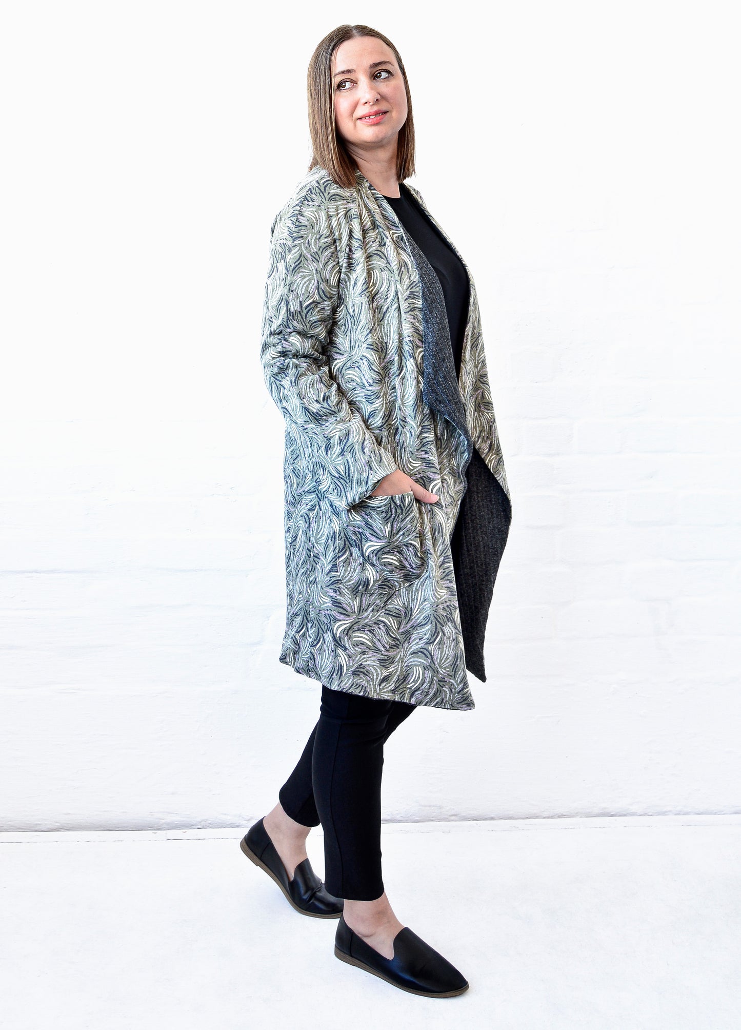 Stefana Reversible Cardigans in olive Huckleberry print and charcoal rib