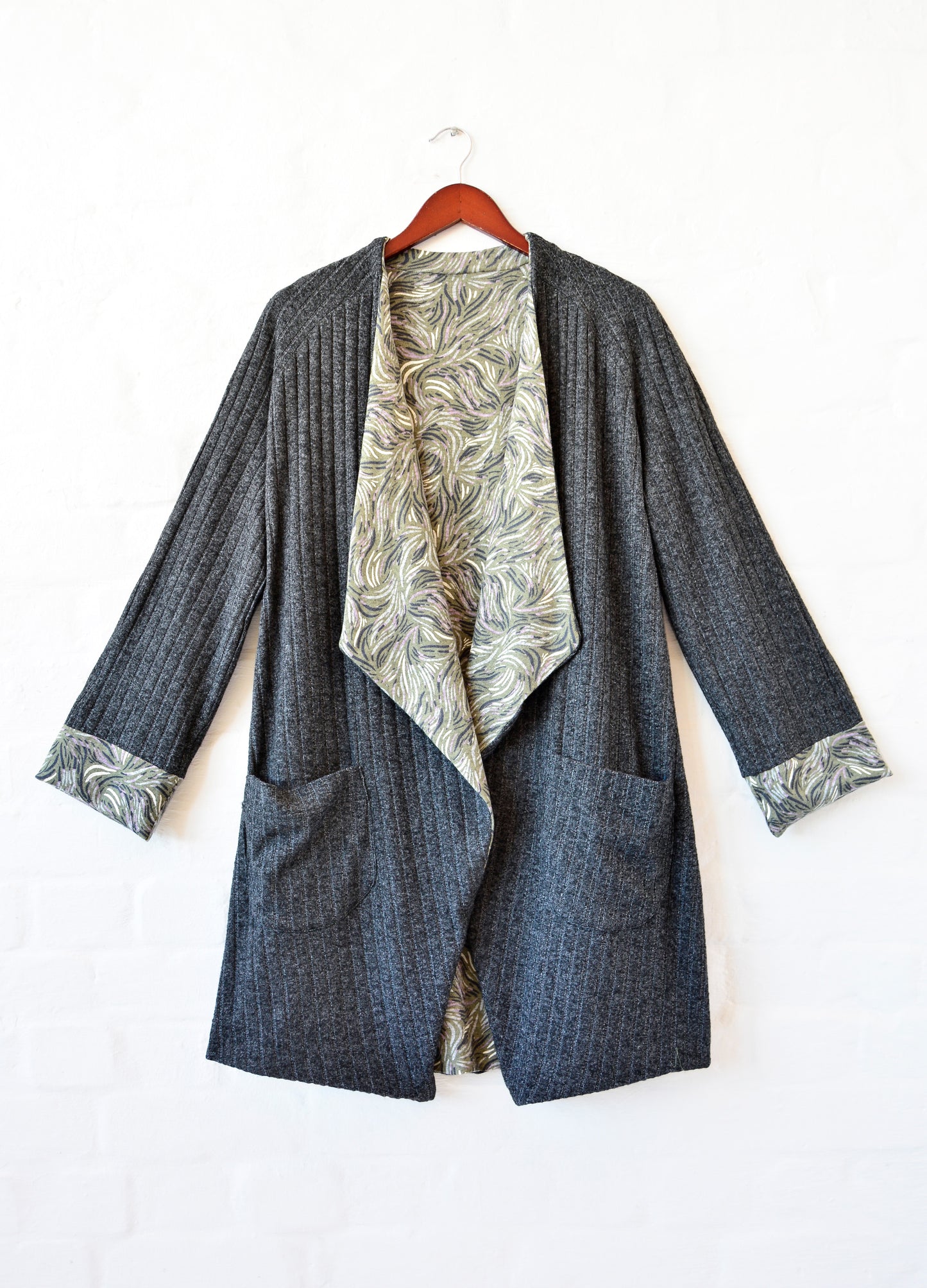 Stefana Reversible Cardigans in olive Huckleberry print and charcoal rib
