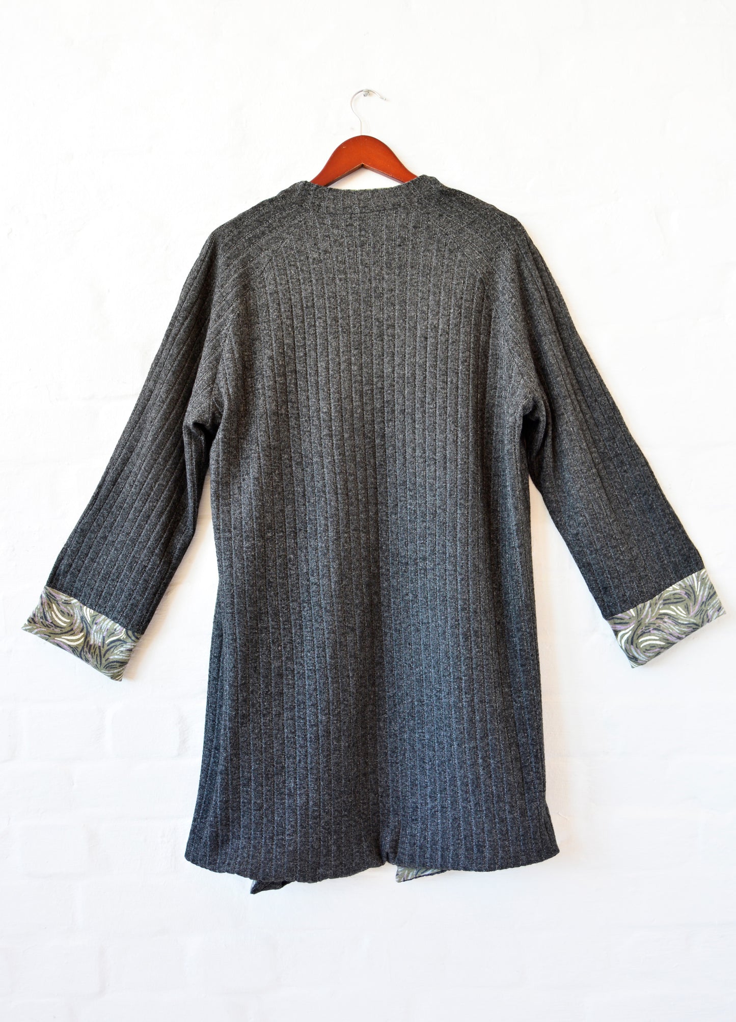 Stefana Reversible Cardigans in olive Huckleberry print and charcoal rib