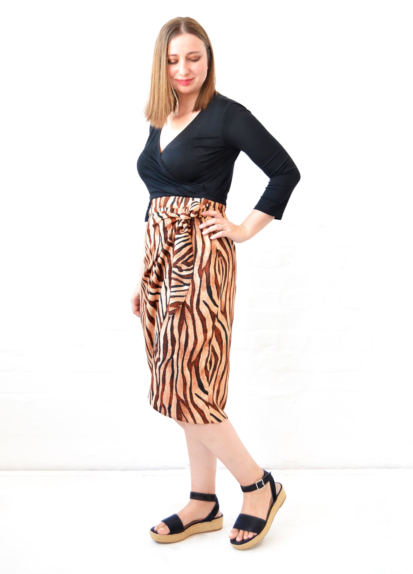 Willow wrap skirt in caramel Tiger Wave print