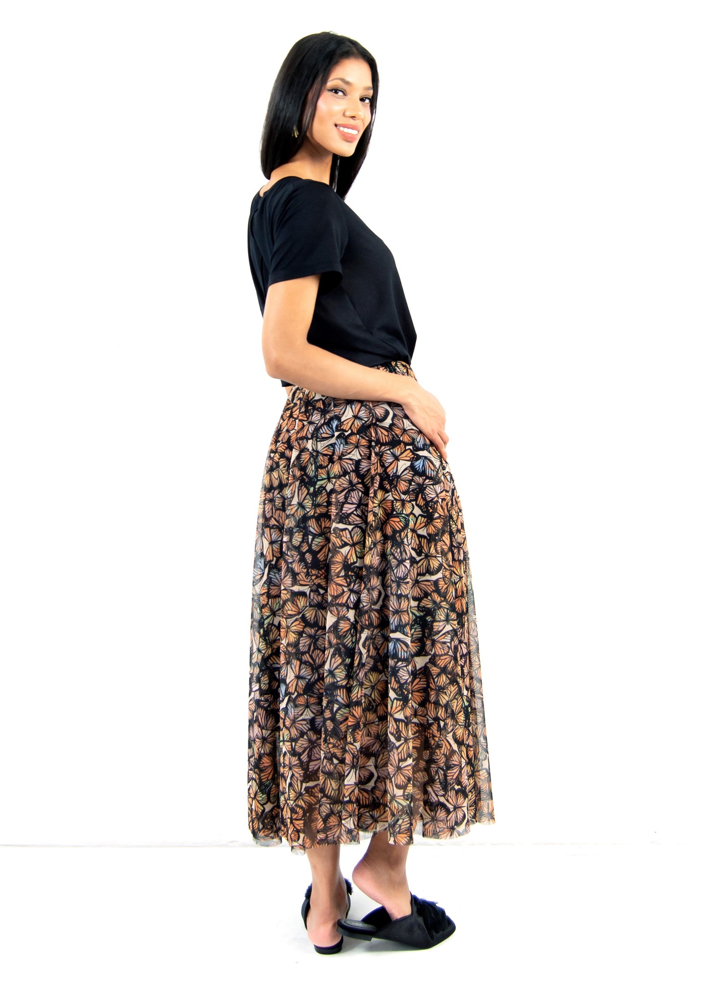 Angelica circle skirt in black Farfalle print